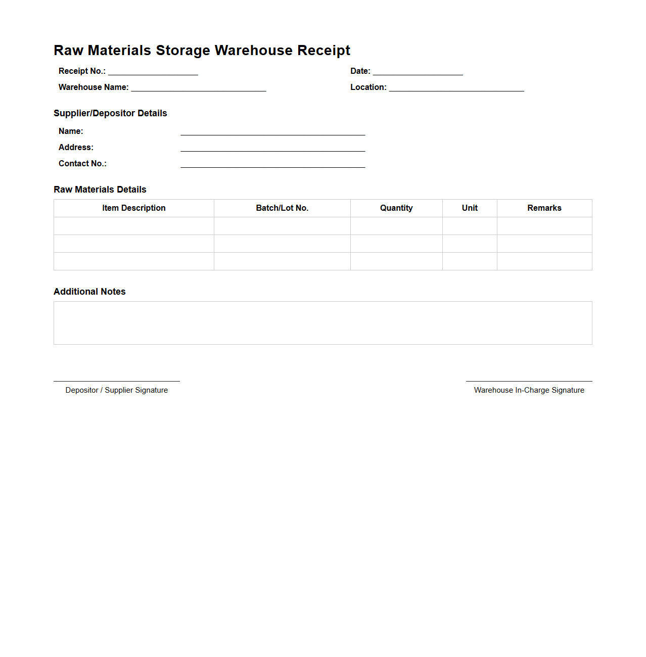 Raw Materials Storage Warehouse Receipt Sample