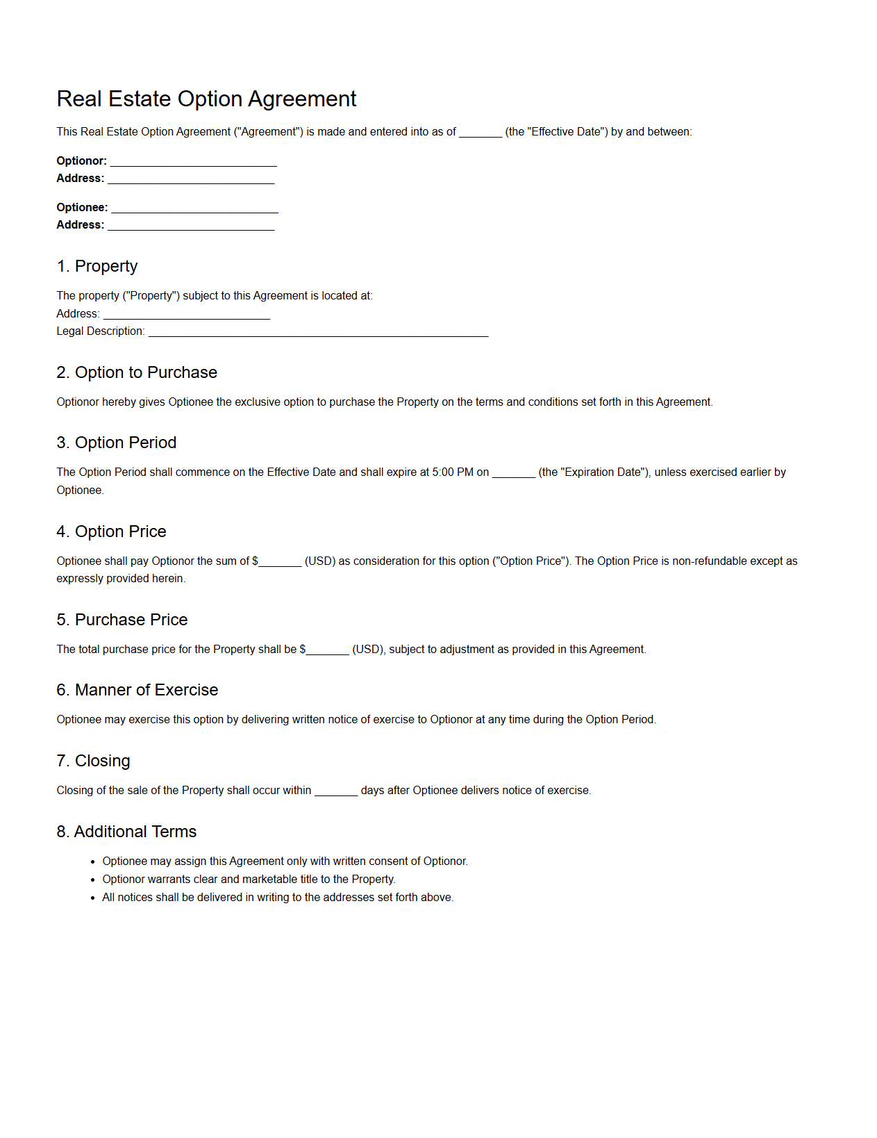 Real Estate Option Agreement Sample