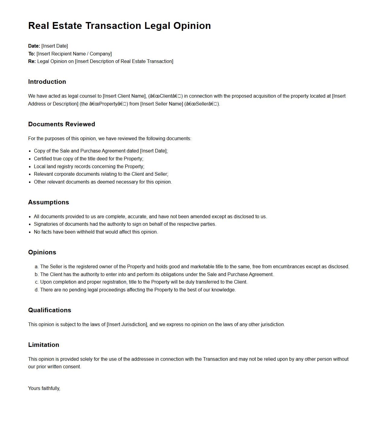 Real Estate Transaction Legal Opinion Example