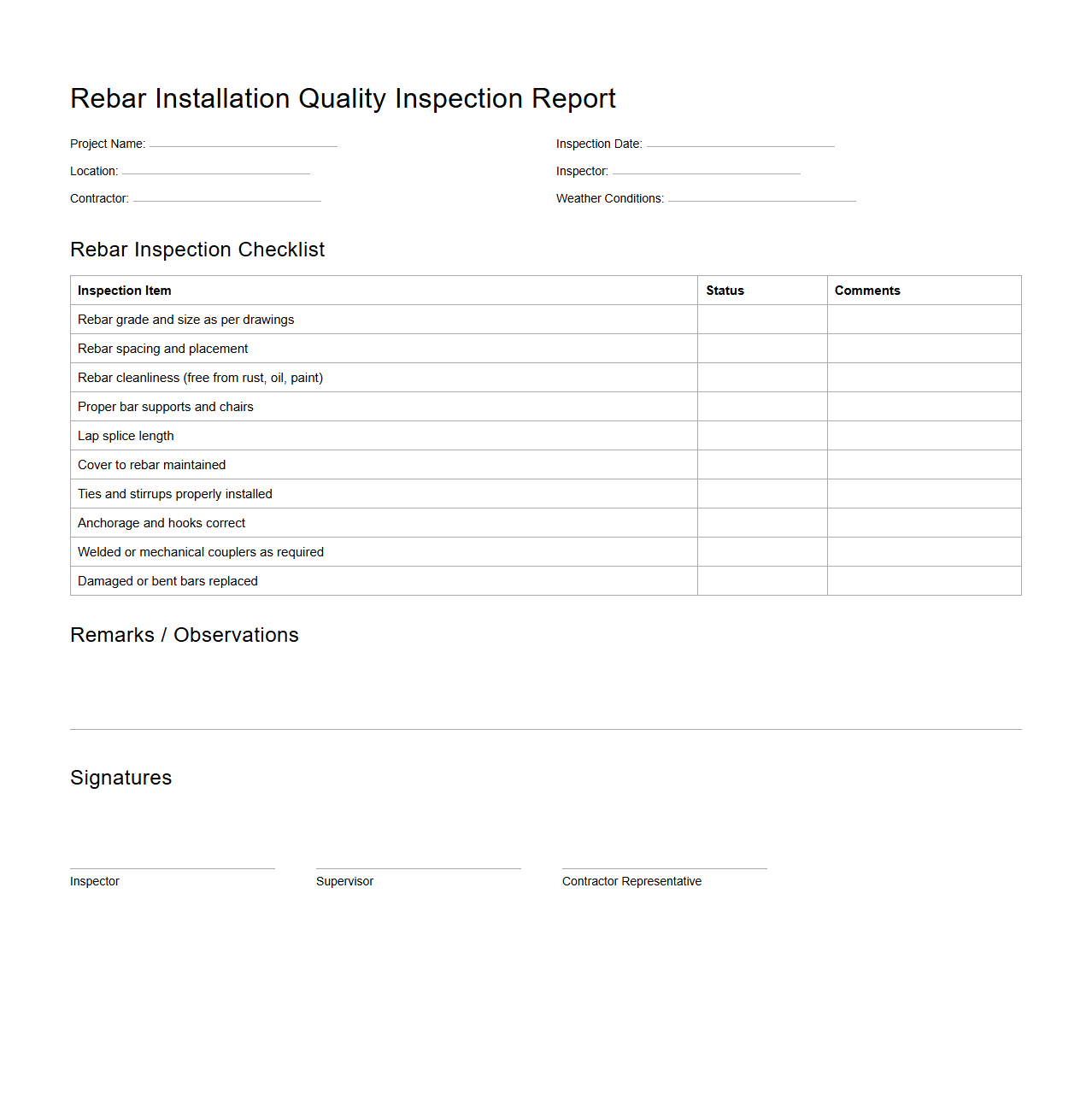 Rebar Installation Quality Inspection Report