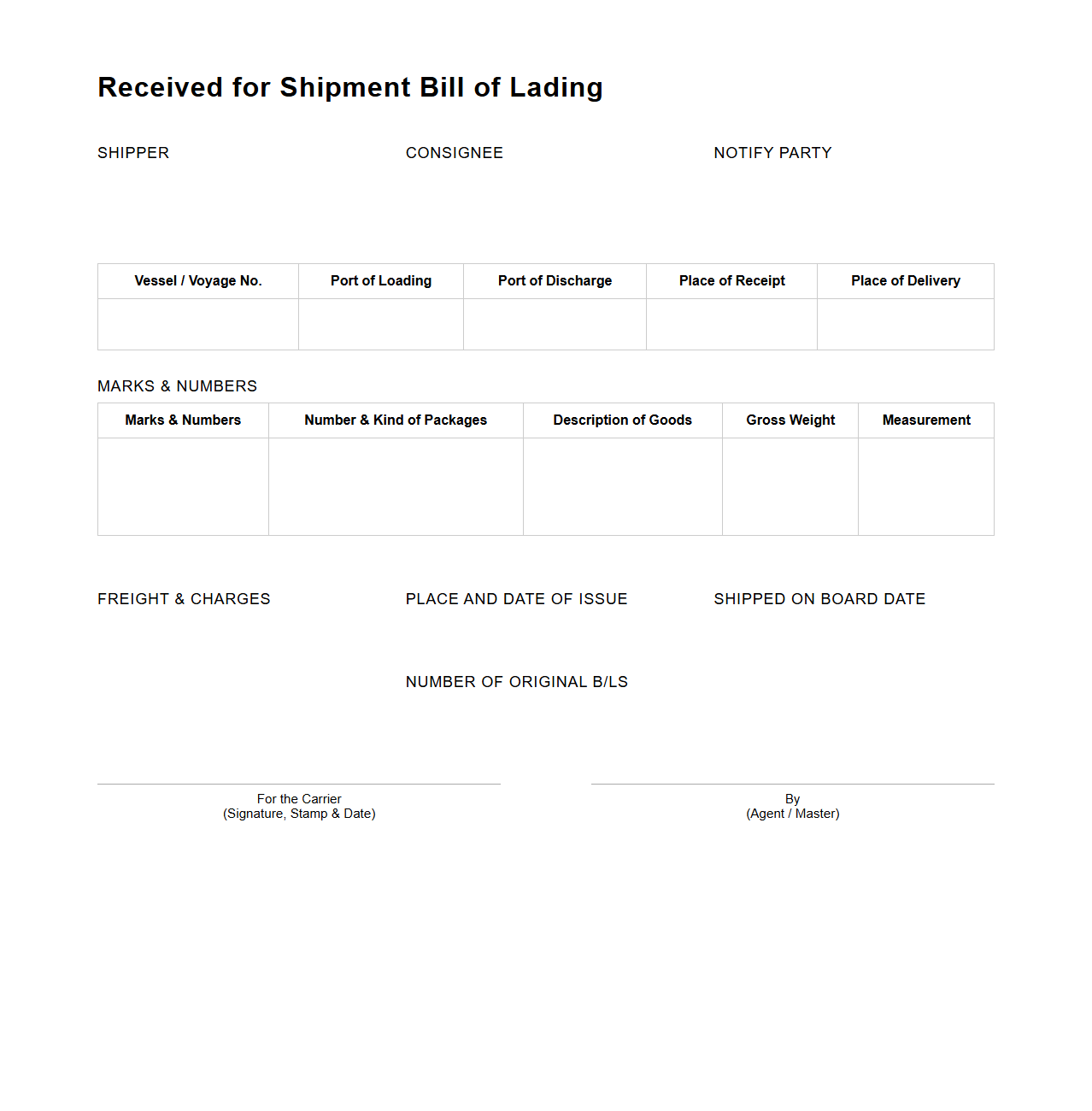 Received for Shipment Bill of Lading Layout