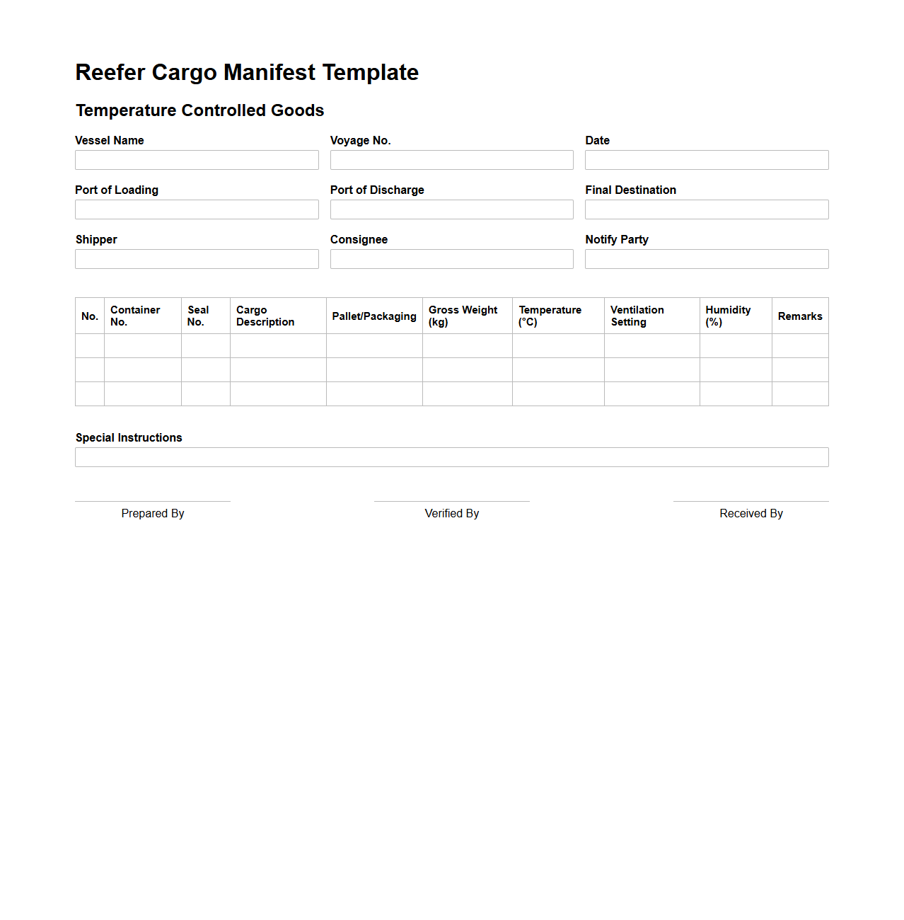 Reefer Cargo Manifest Template for Temperature Controlled Goods