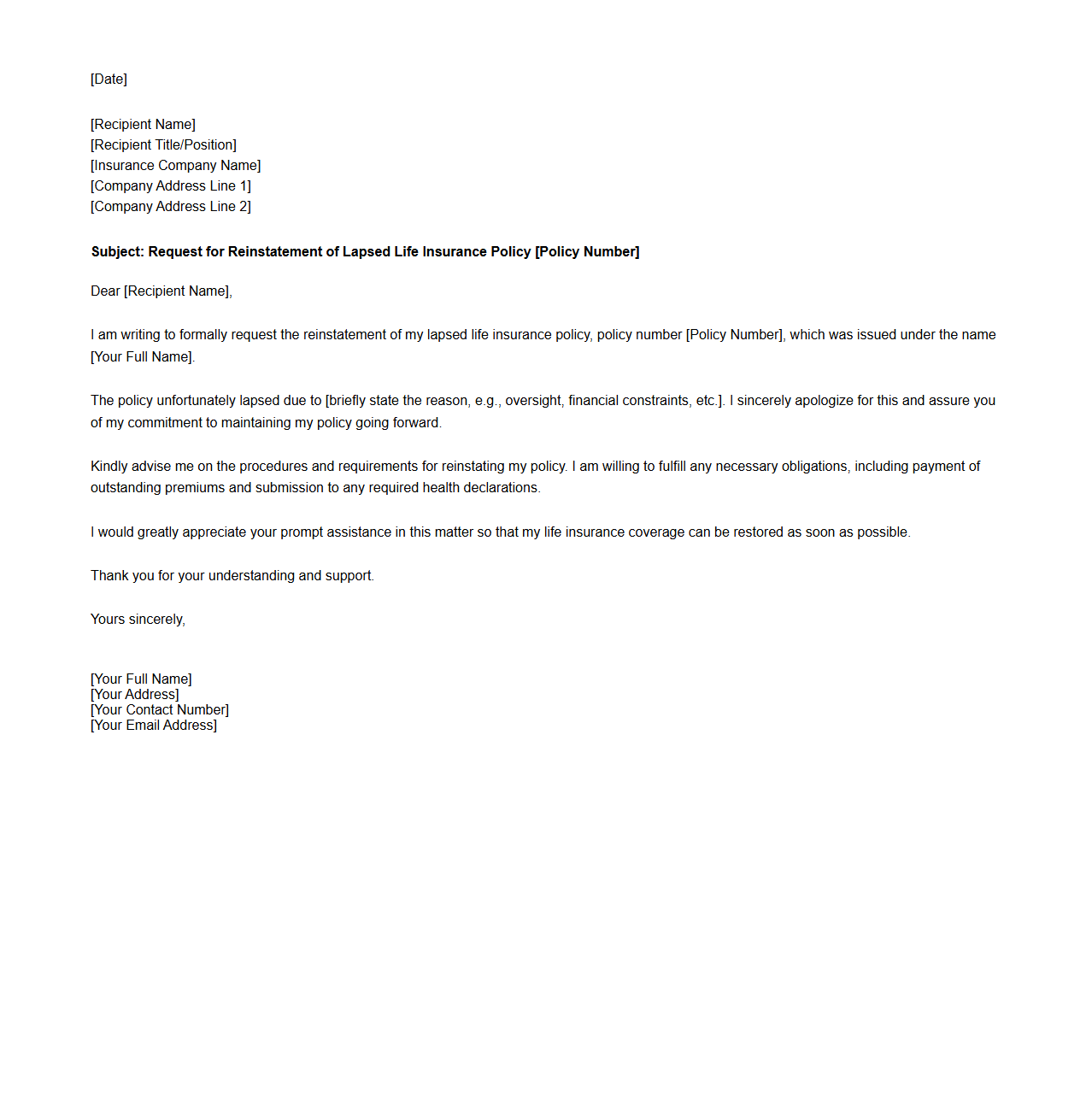 Reinstatement Request Letter for Lapsed Life Insurance Policy