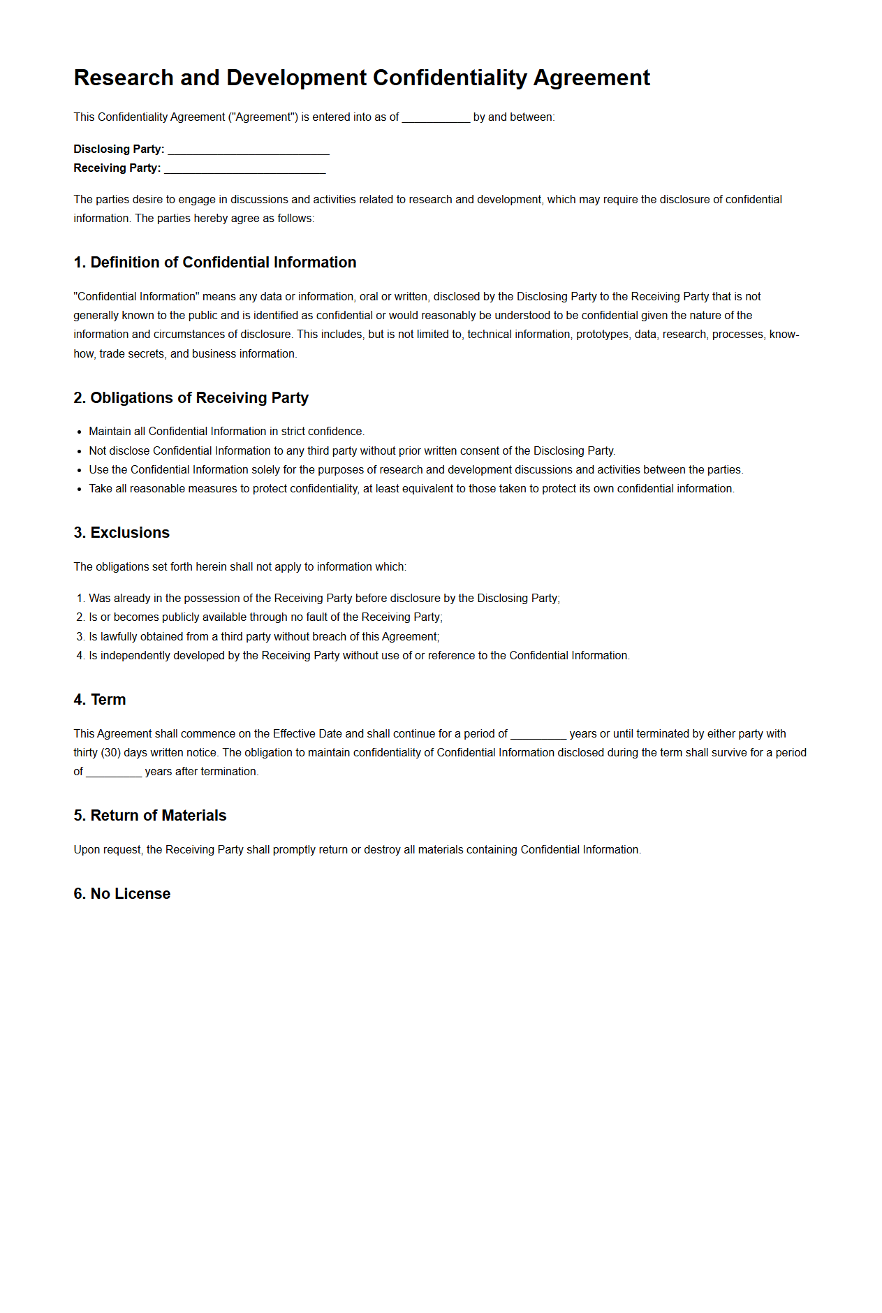 Research and Development Confidentiality Agreement