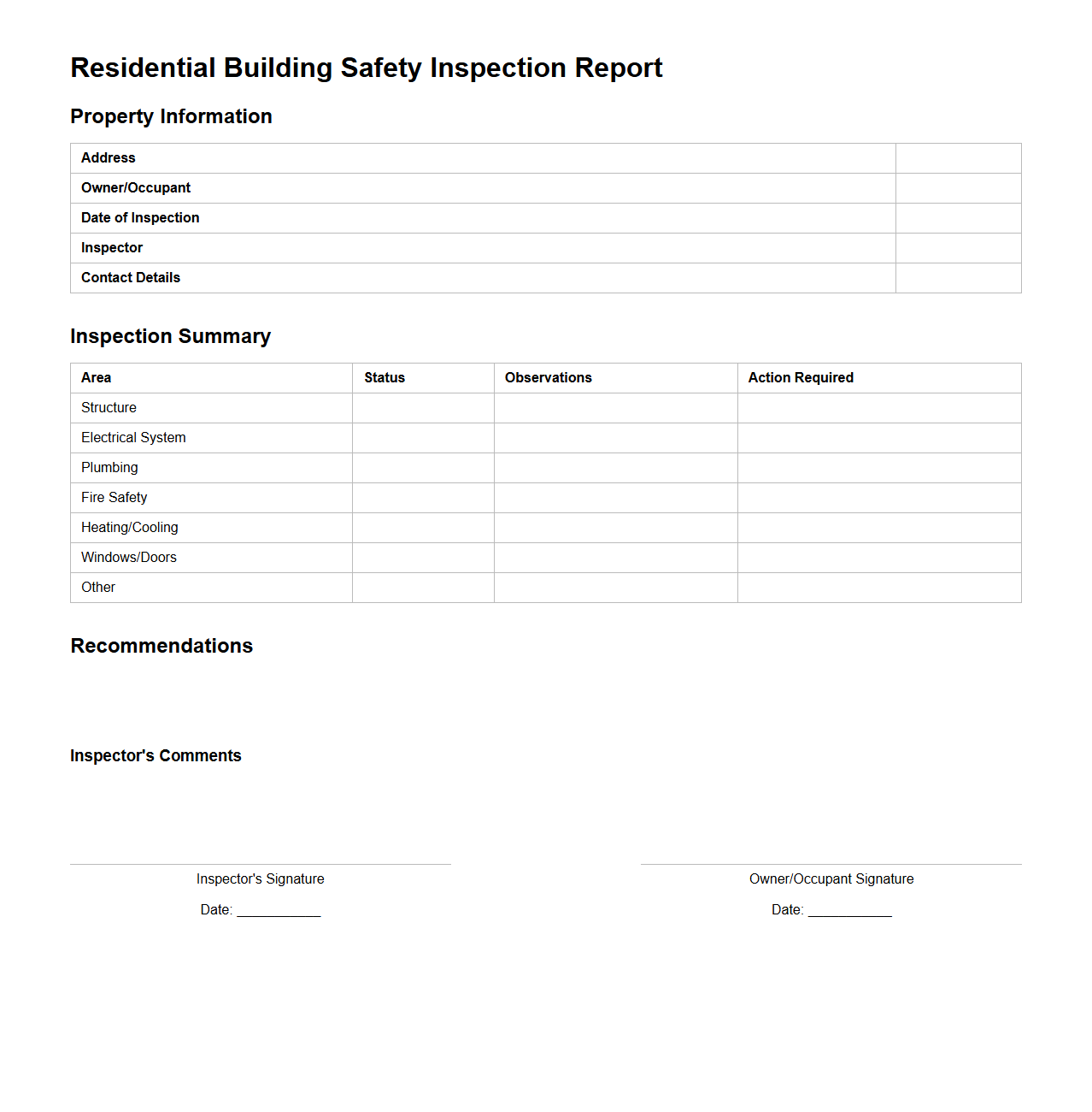 Residential Building Safety Inspection Report Layout