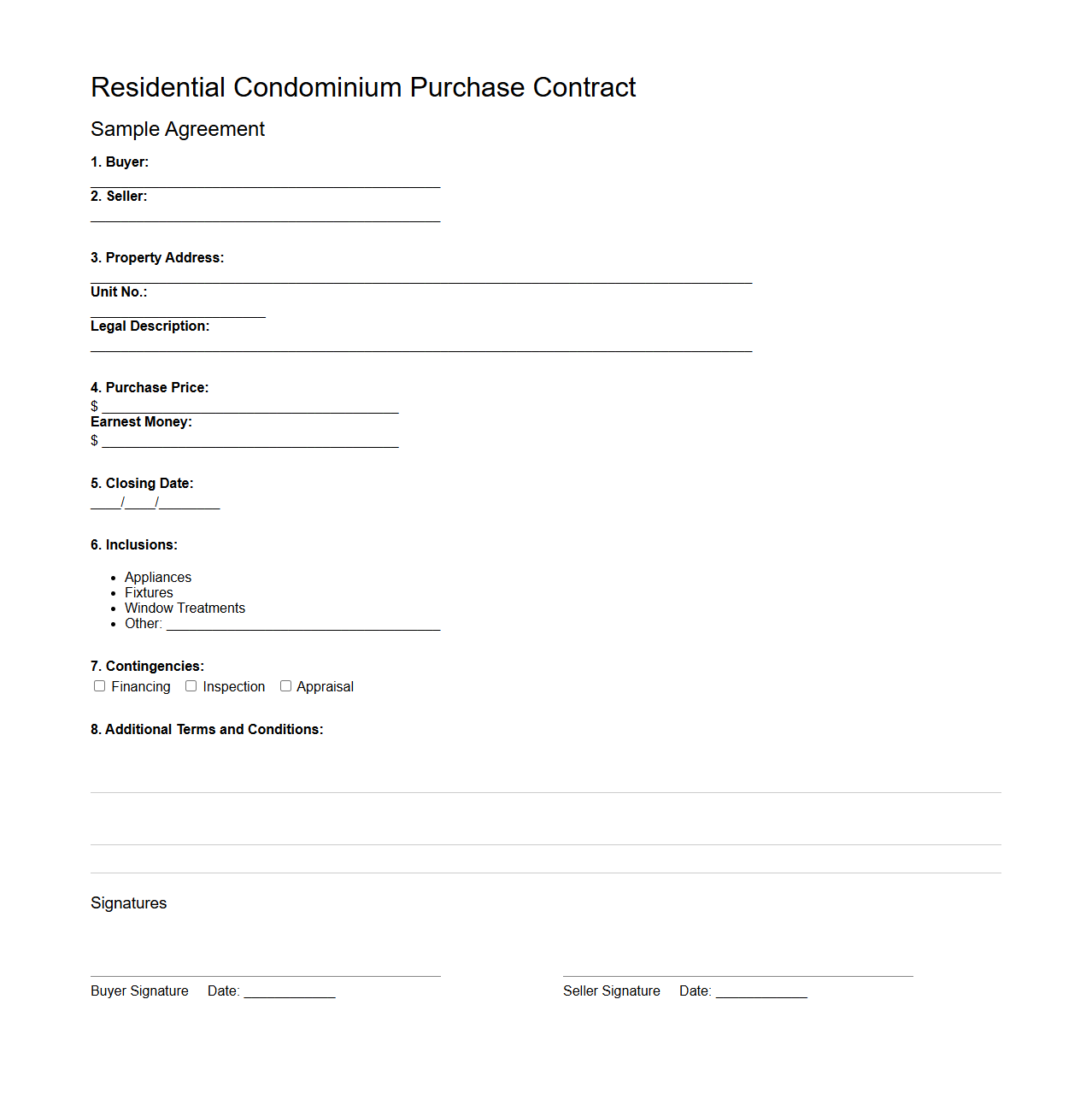 Residential Condominium Purchase Contract Sample