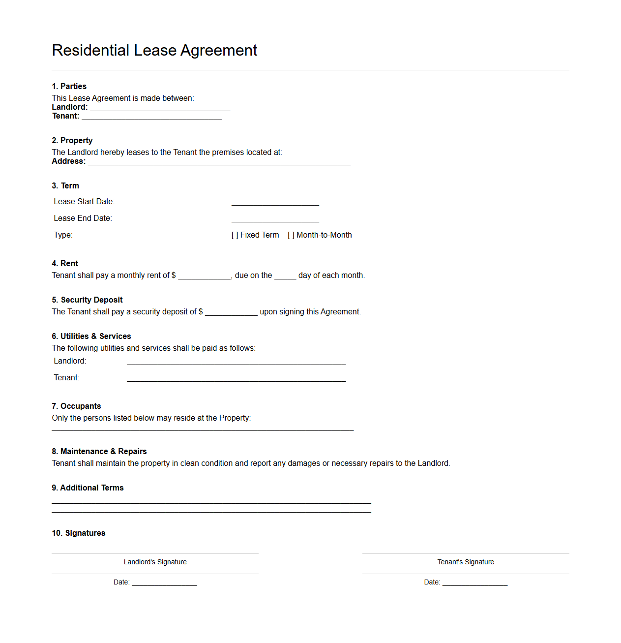 Residential Lease Agreement Template