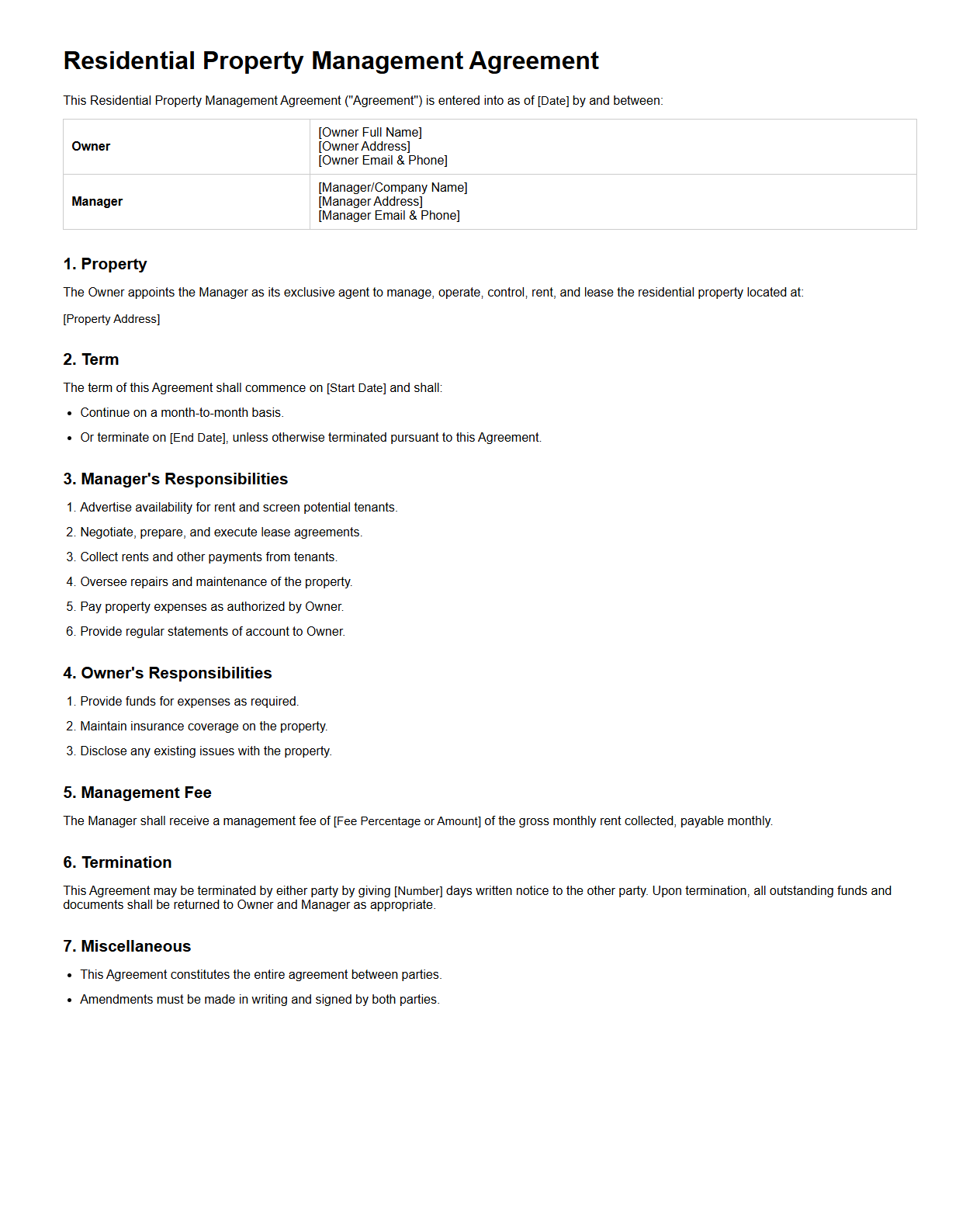 Residential Property Management Agreement Template