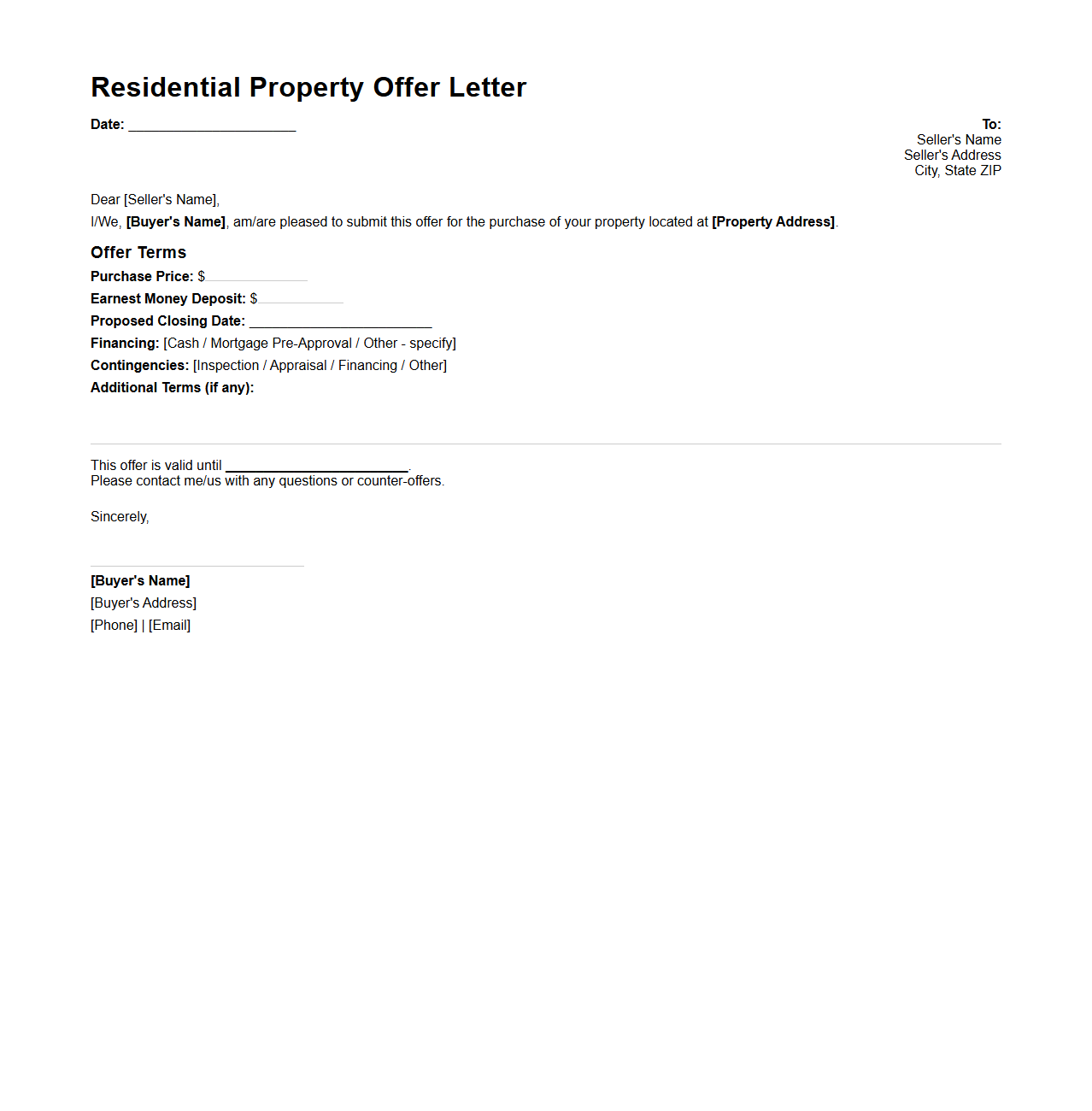 Residential Property Offer Letter Sample