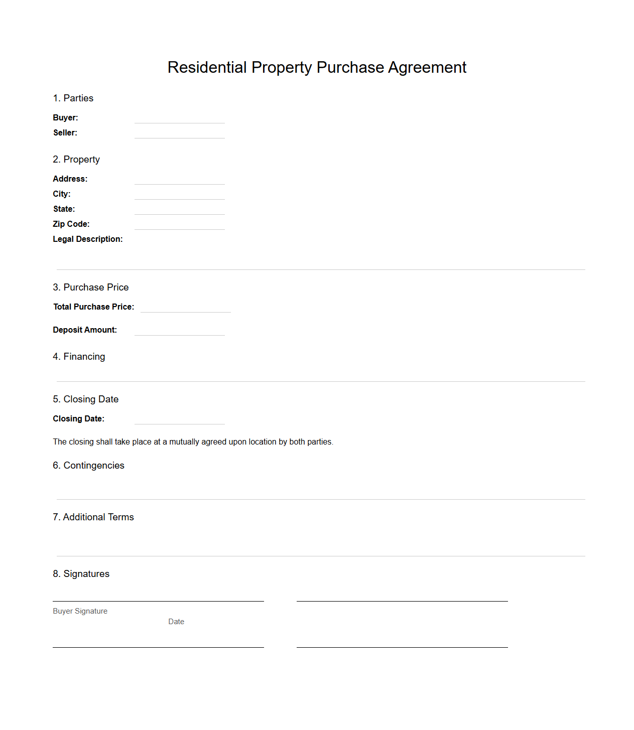 Residential Property Purchase Agreement Template
