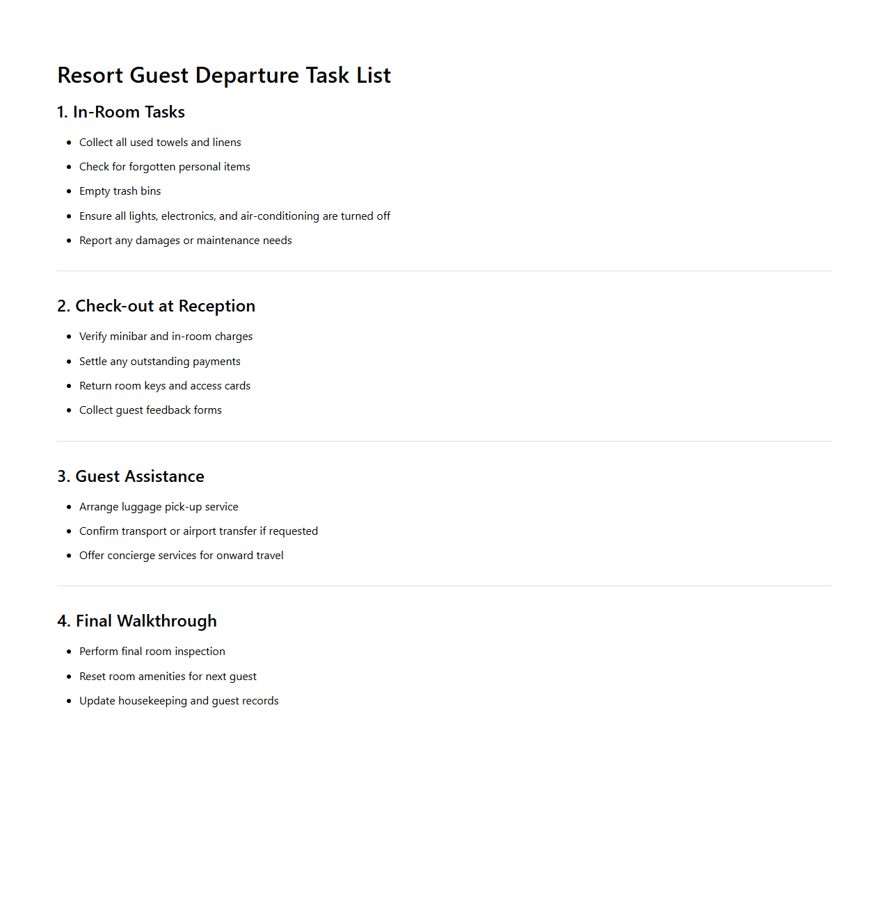 Resort Guest Departure Task List