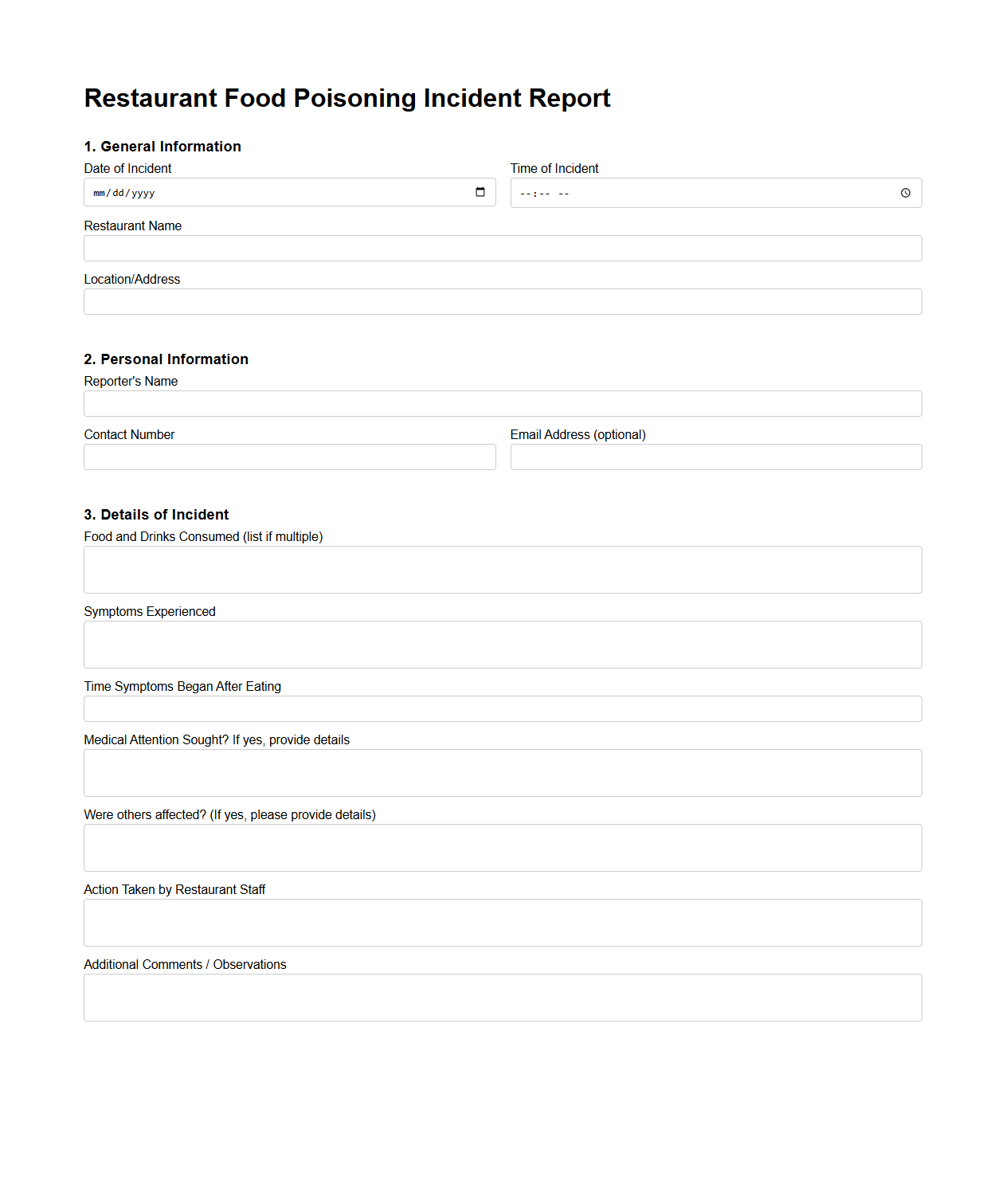Restaurant Food Poisoning Incident Report Example
