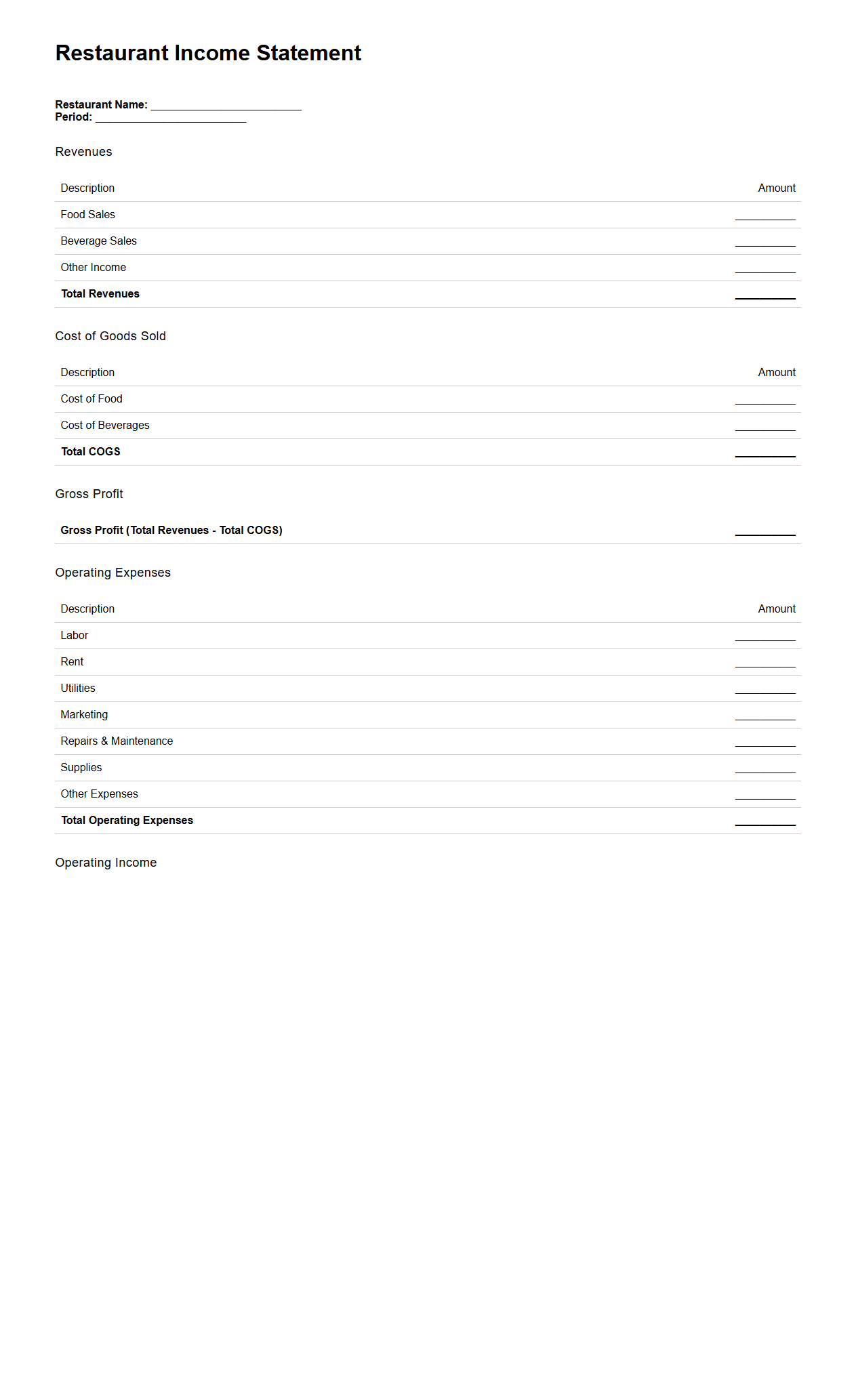 Restaurant Income Statement Template Example