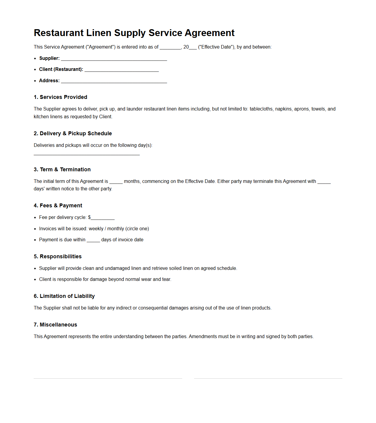 Restaurant Linen Supply Service Agreement