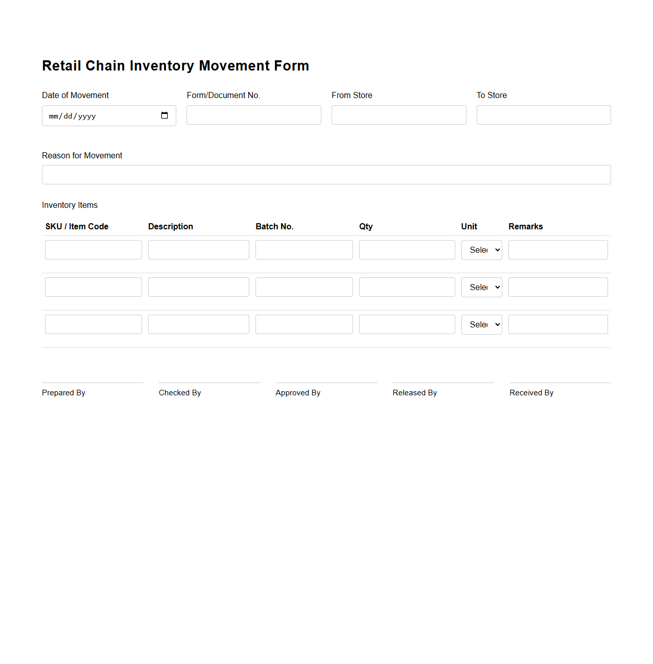 Retail Chain Inventory Movement Form Sample