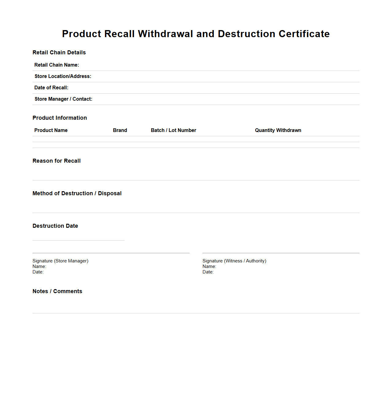Retail Chain Product Recall Withdrawal and Destruction Certificate