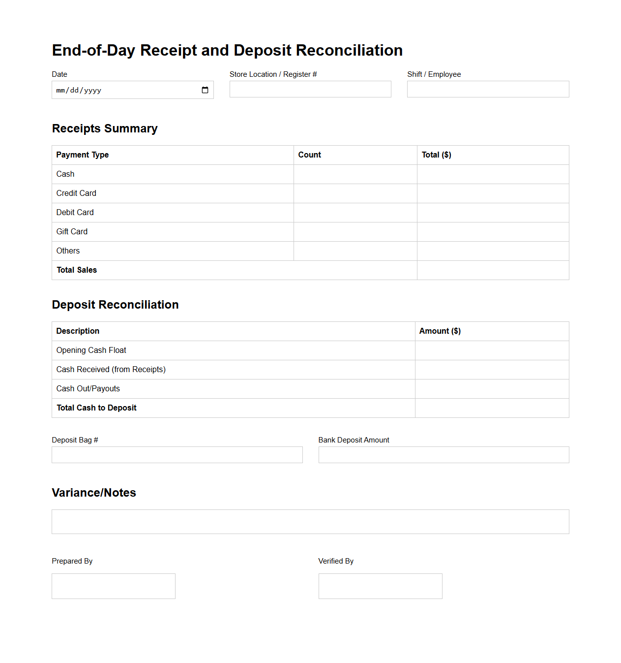 Retail End-of-Day Receipt and Deposit Reconciliation