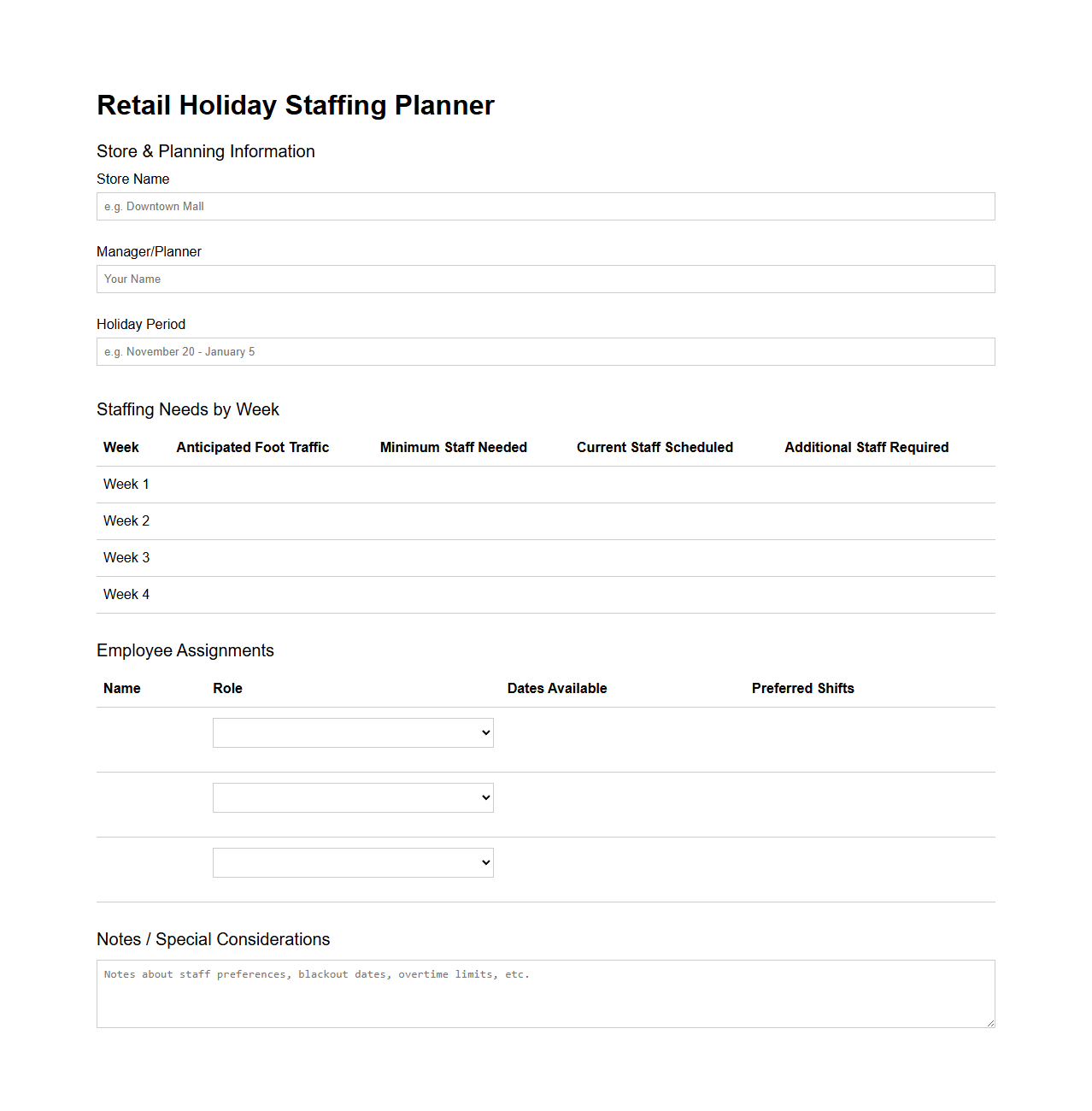 Retail Holiday Staffing Planner Example