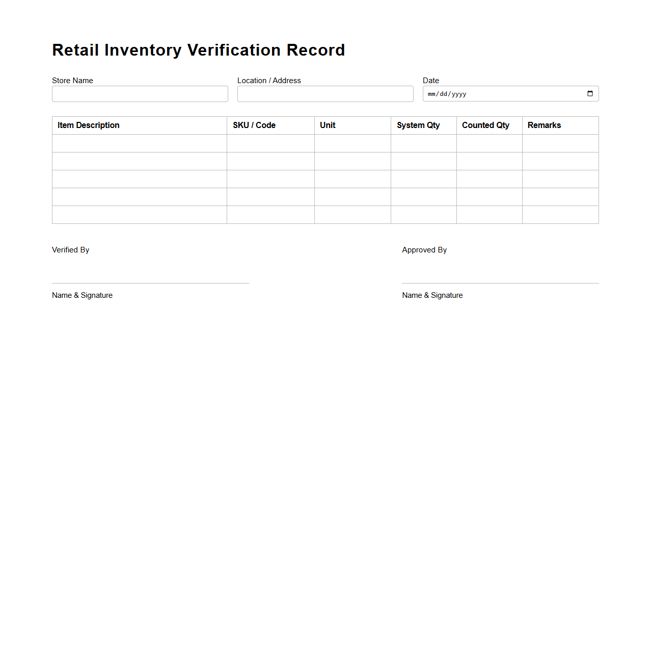 Retail Inventory Verification Record