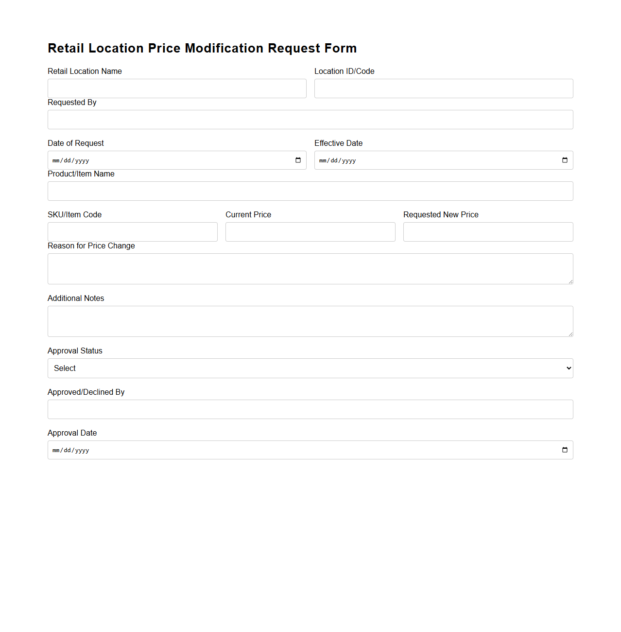 Retail Location Price Modification Request Form