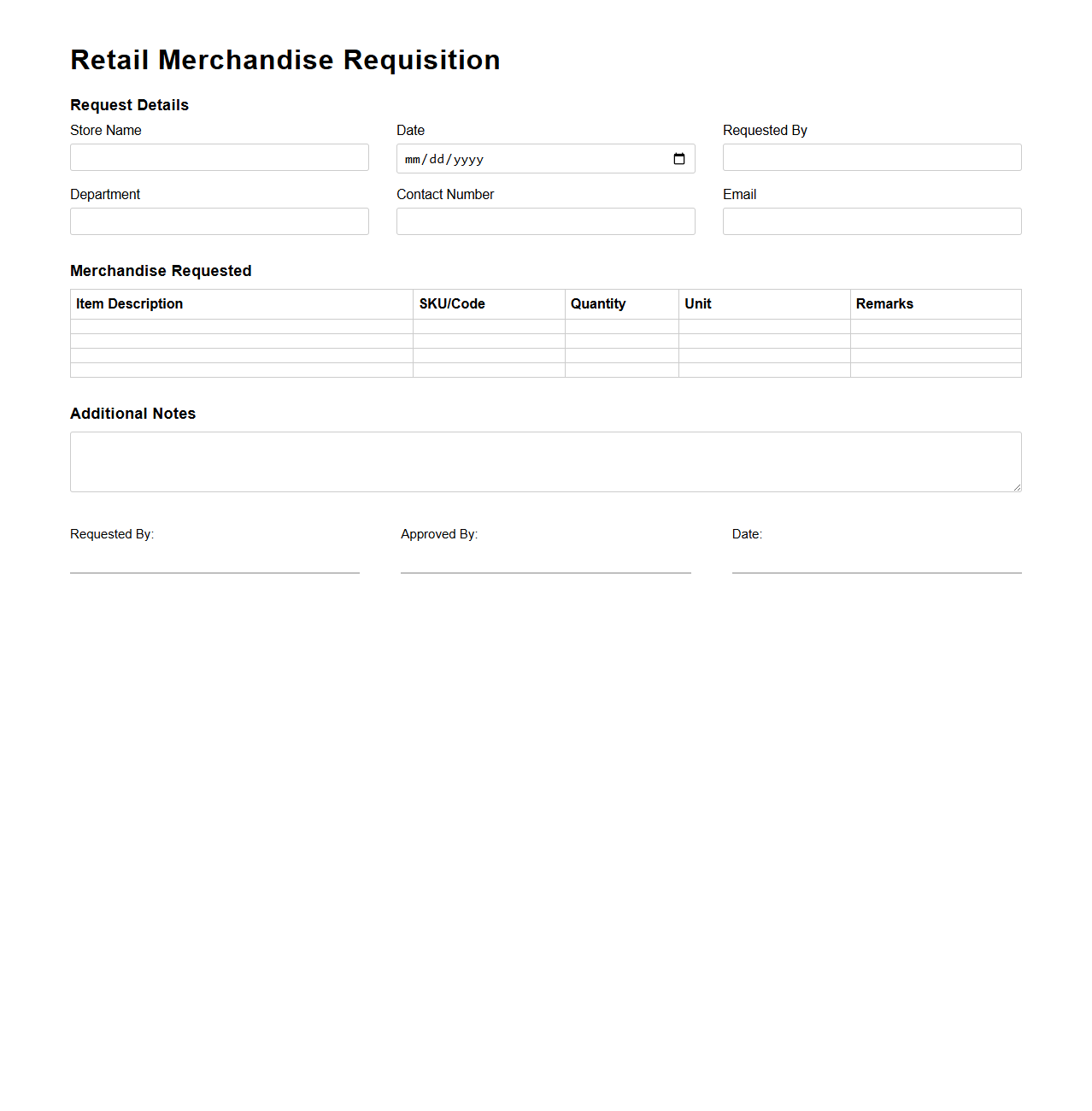 Retail Merchandise Requisition Template