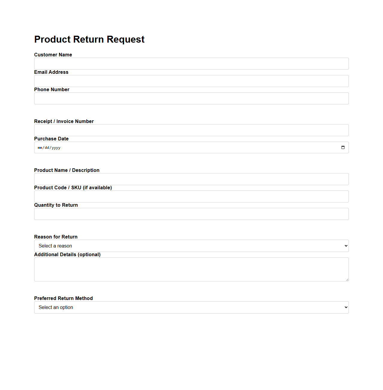 Retail Outlet Product Return Request Sample