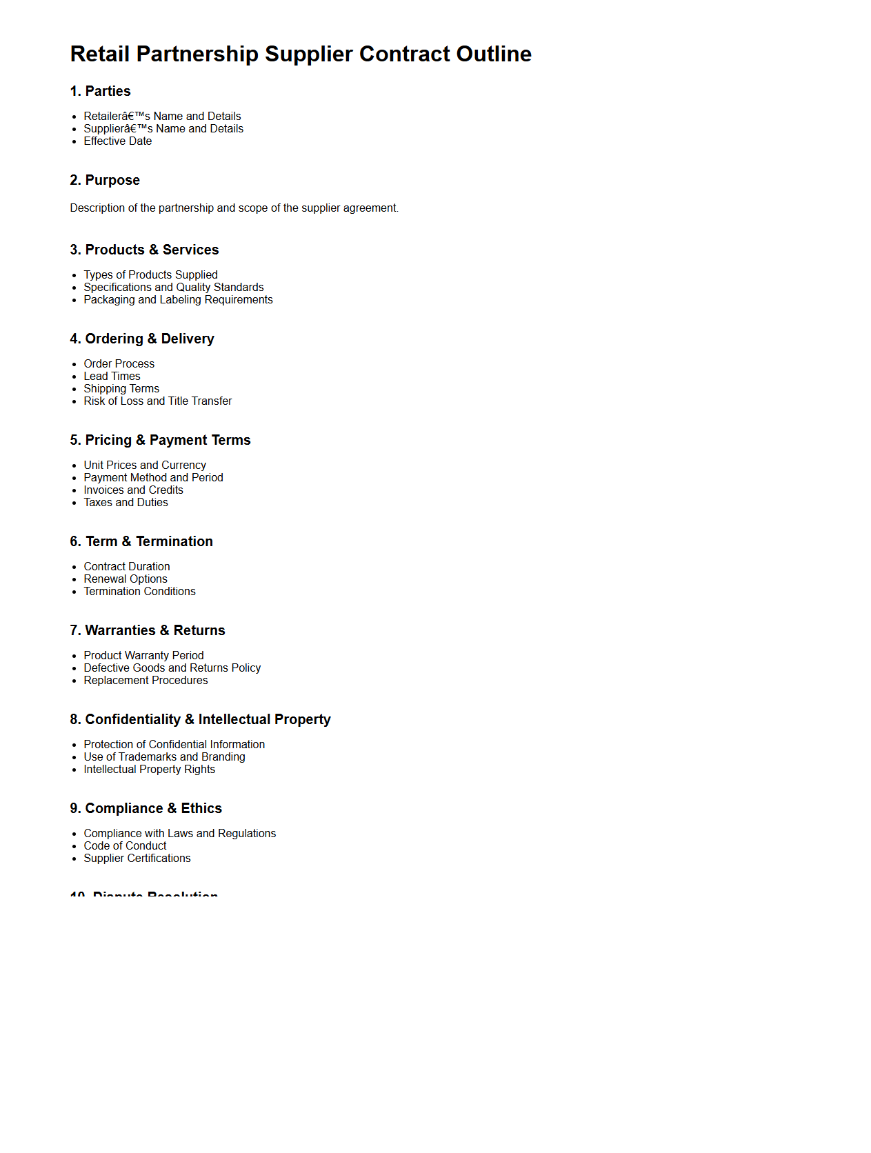 Retail Partnership Supplier Contract Outline