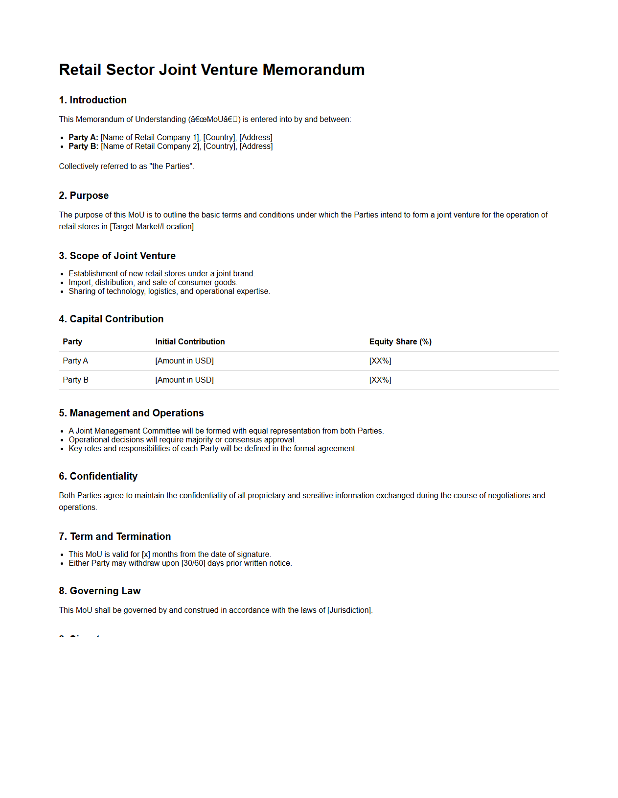 Retail Sector Joint Venture Memorandum Example
