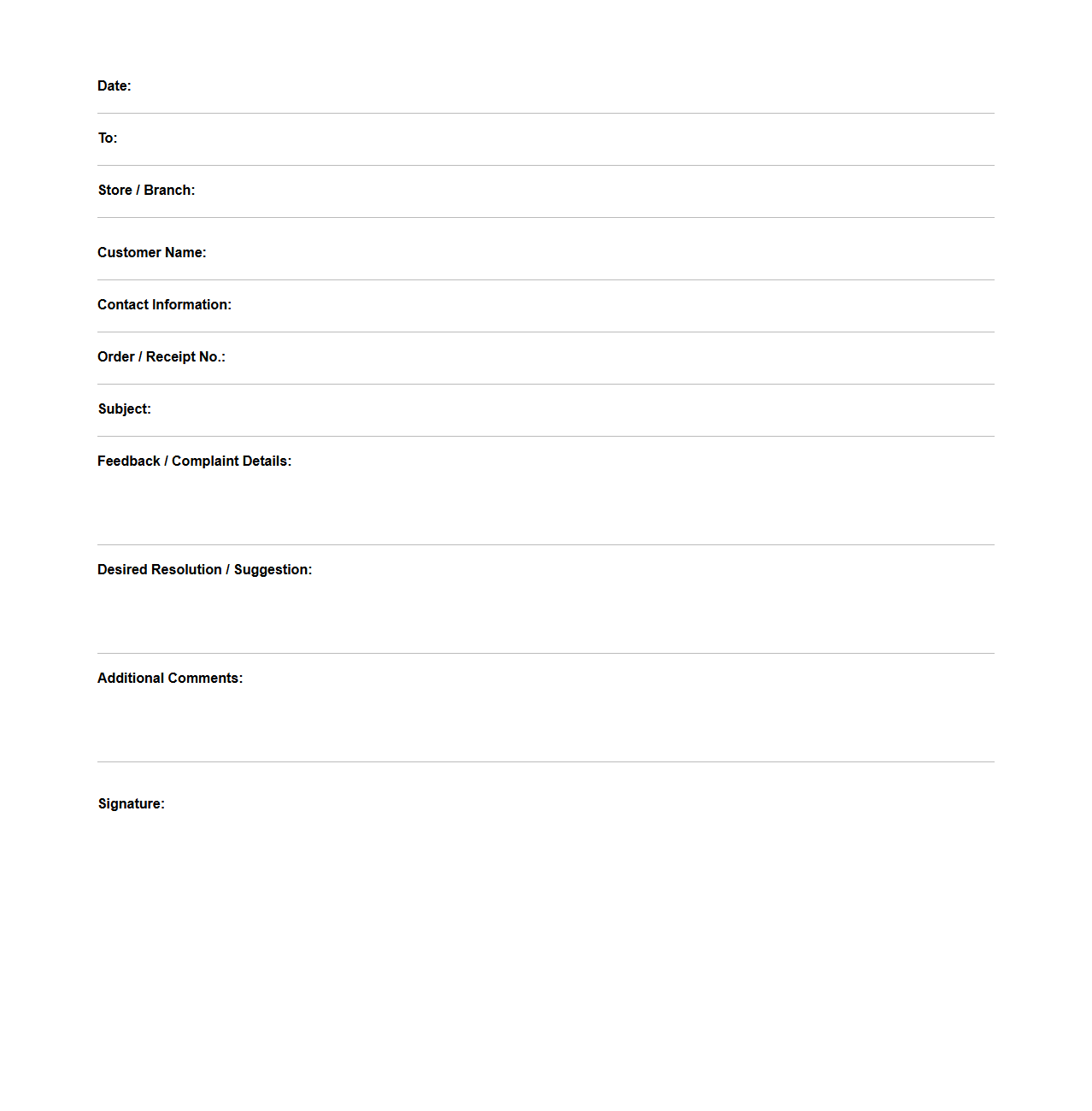 Retail Service Customer Feedback and Complaint Letter