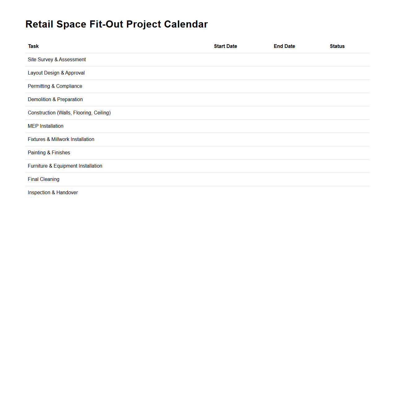Retail Space Fit-Out Project Calendar
