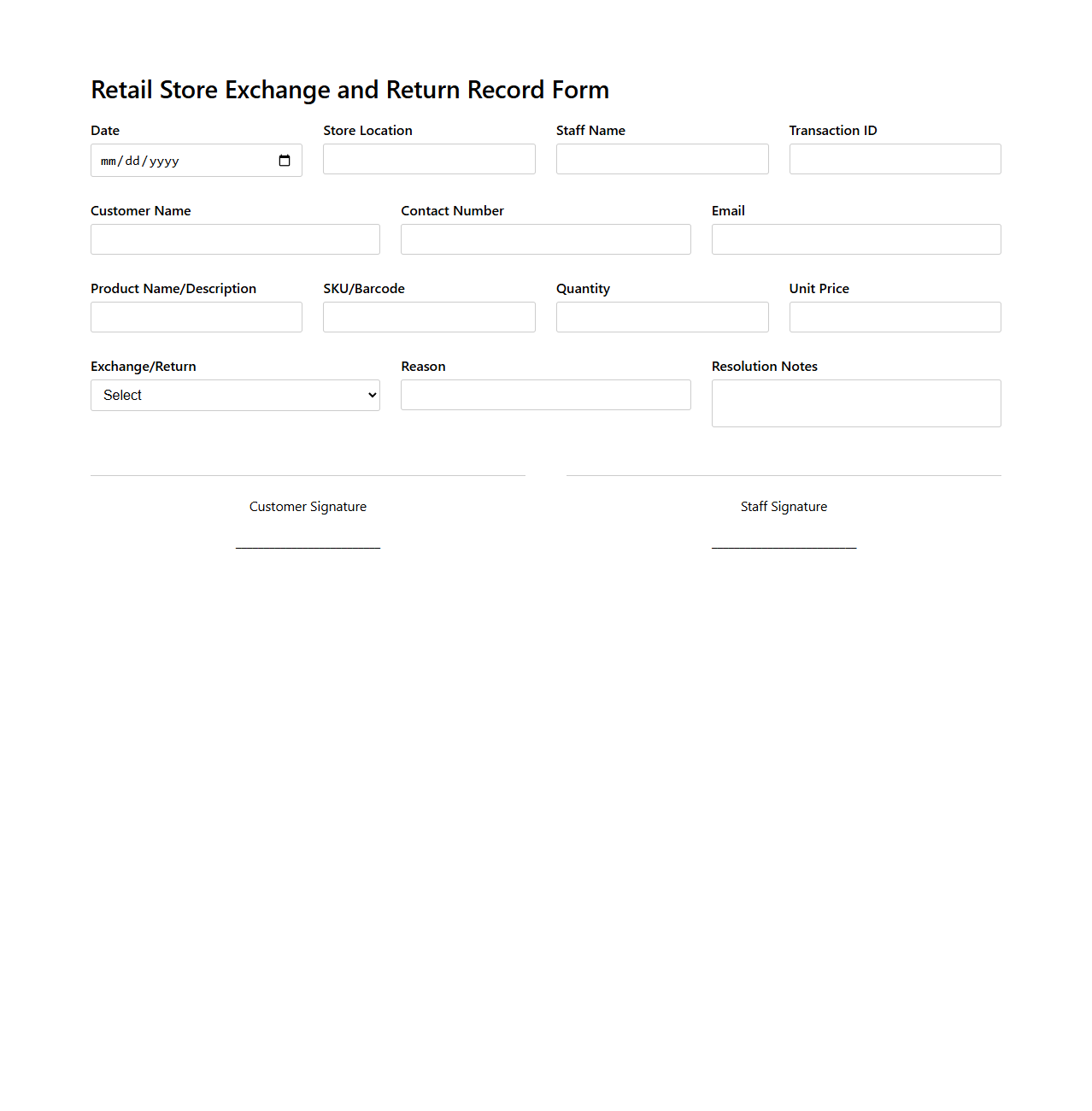 Retail Store Exchange and Return Record Form
