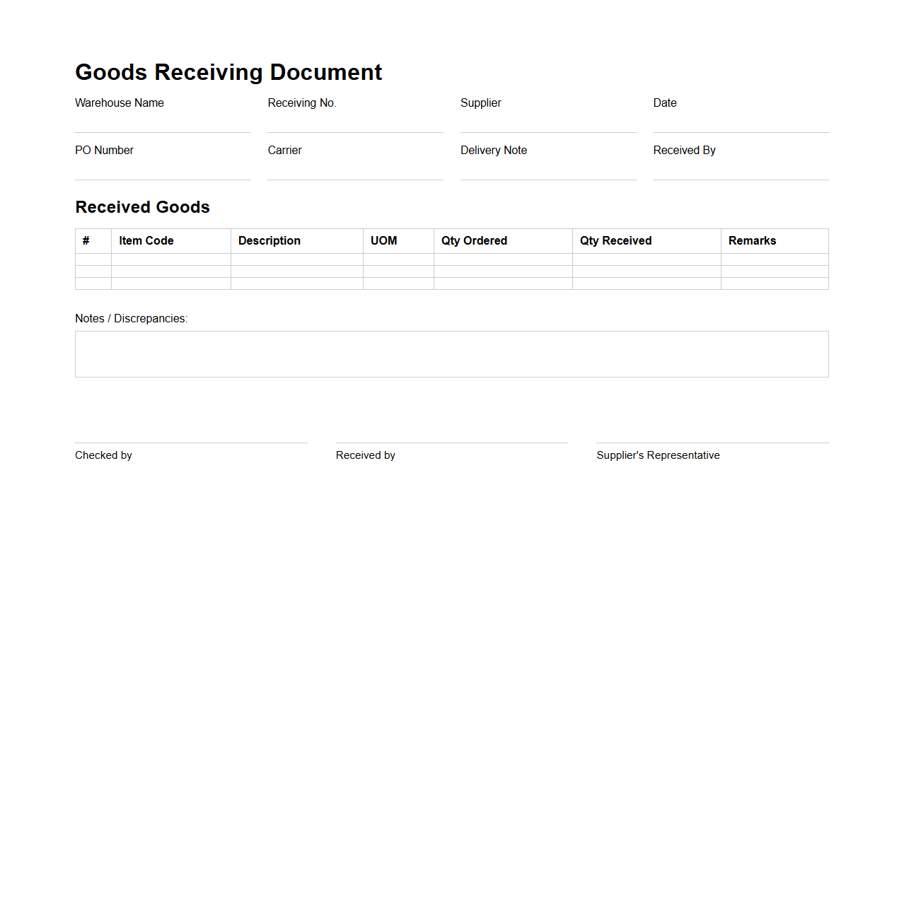 Retail Warehouse Goods Receiving Document Example