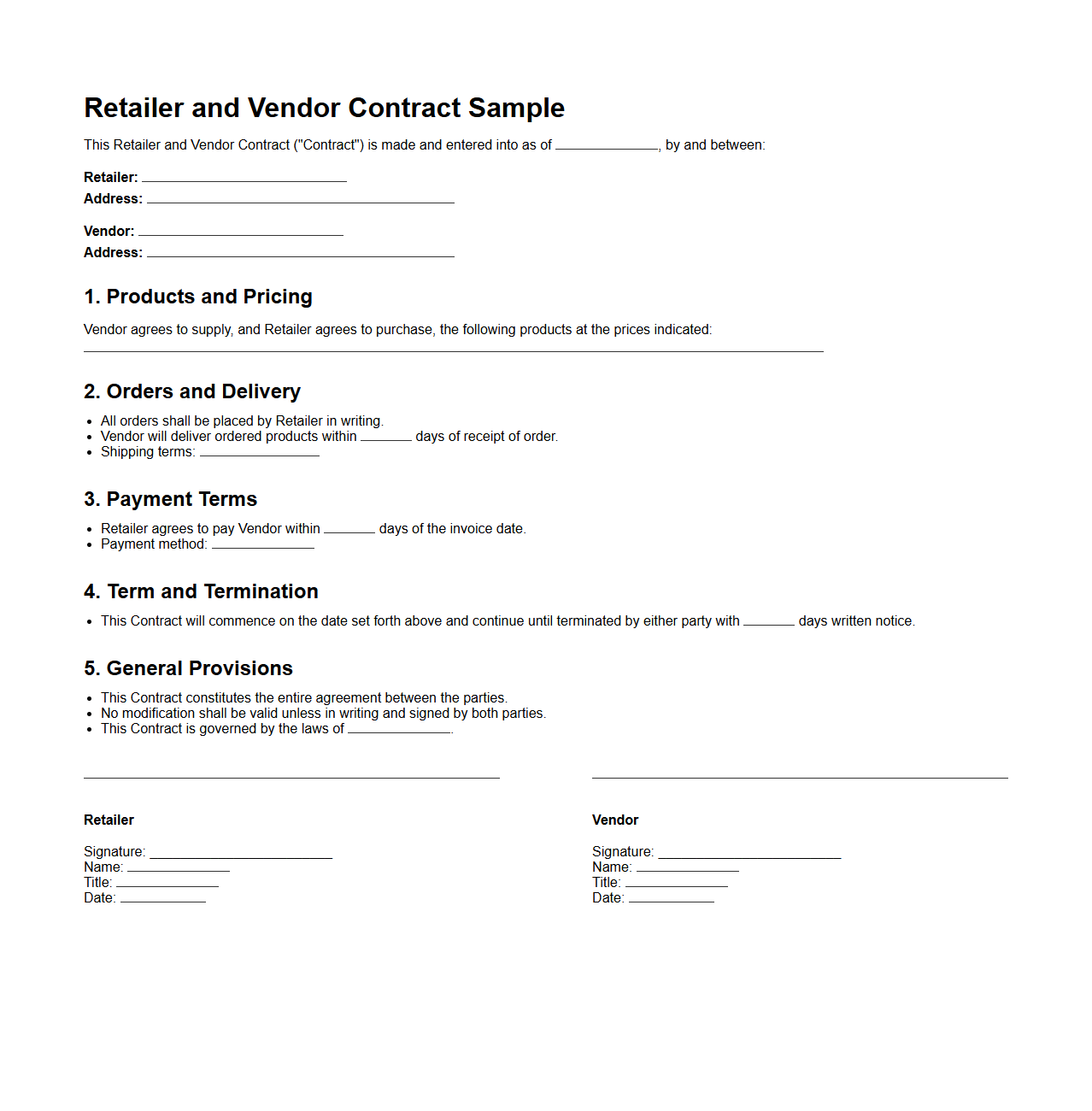 Retailer and Vendor Contract Sample