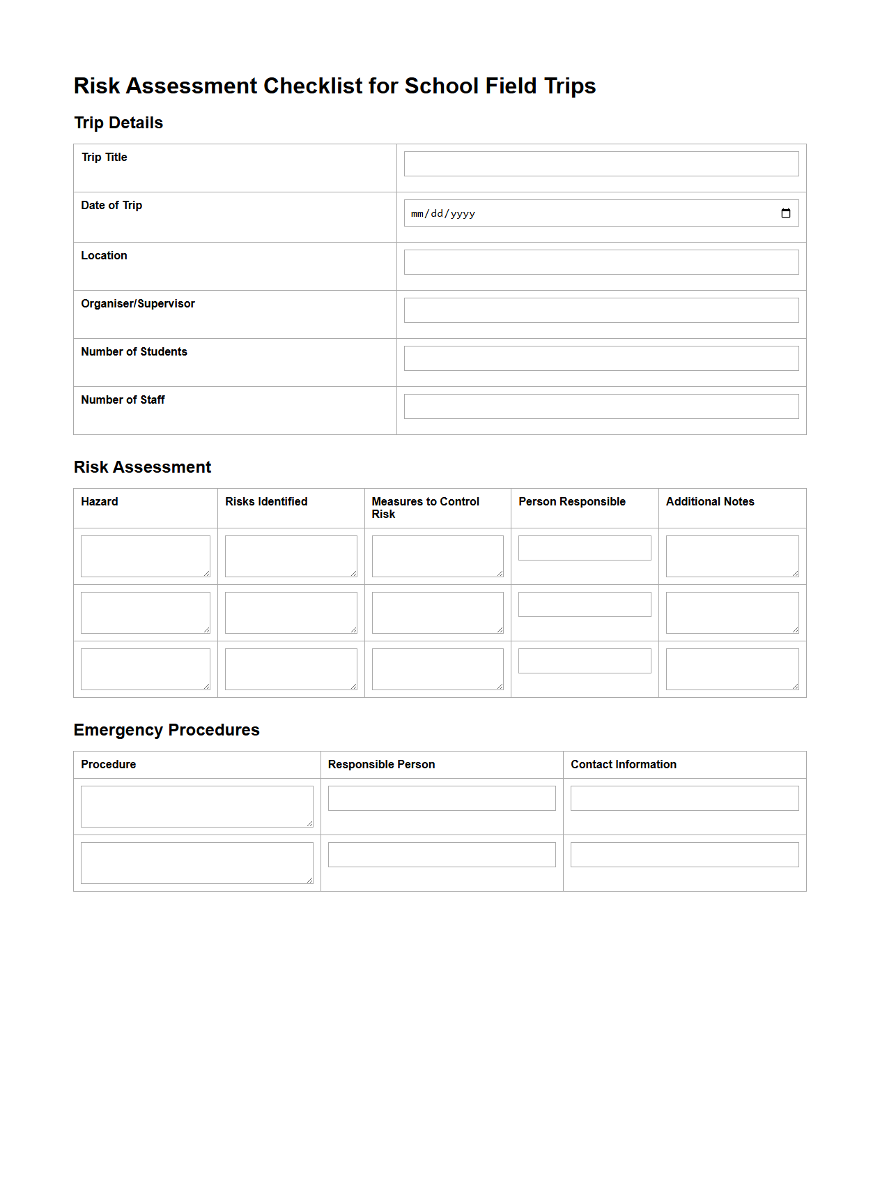 Risk Assessment Checklist for School Field Trips