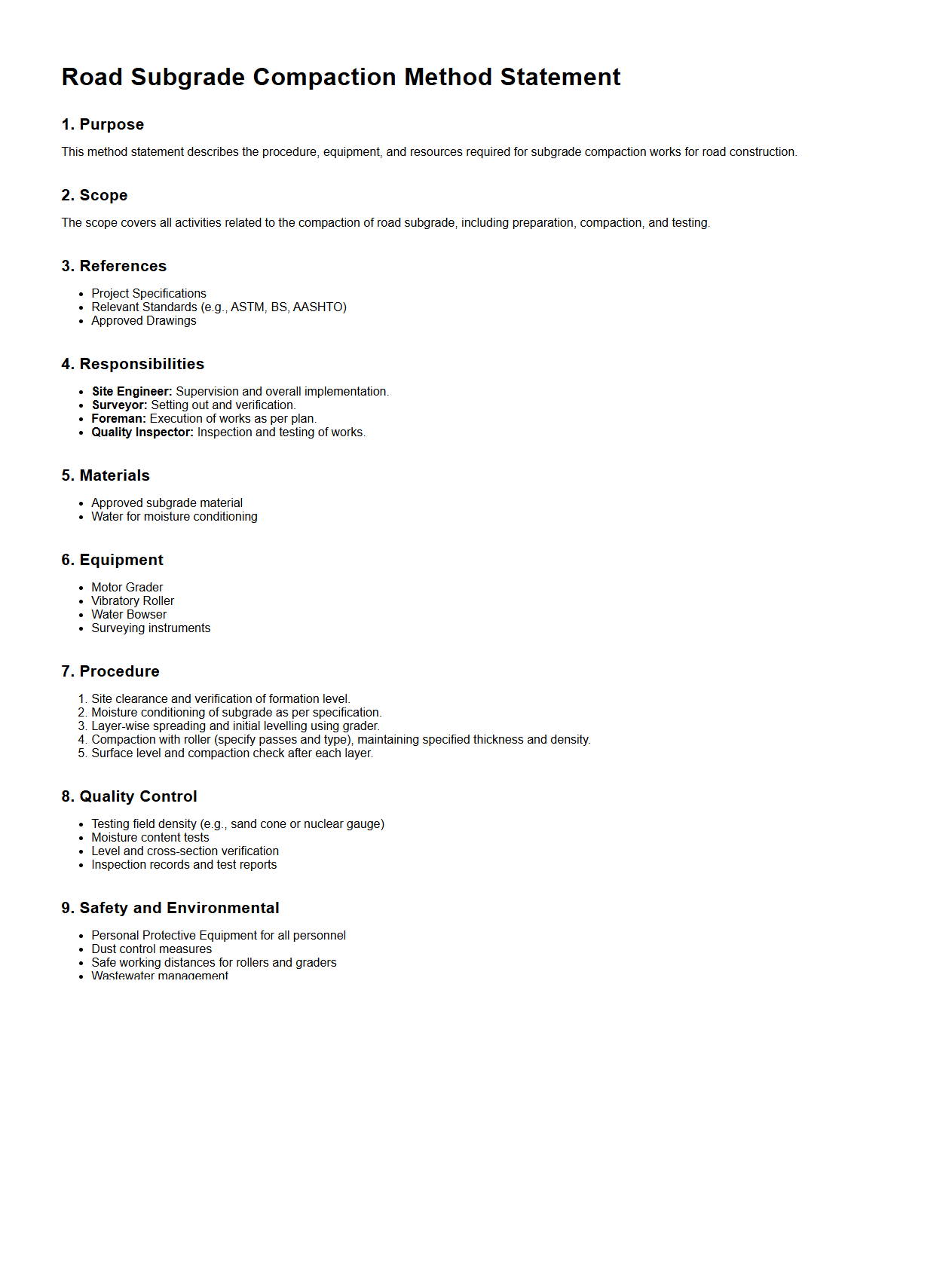 Road Subgrade Compaction Method Statement Format