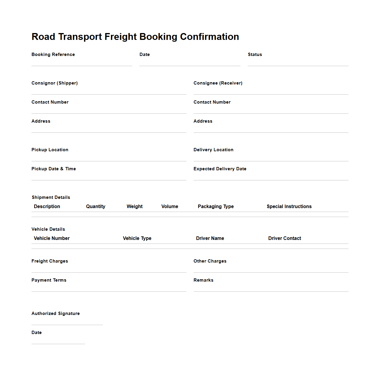 Road Transport Freight Booking Confirmation Format