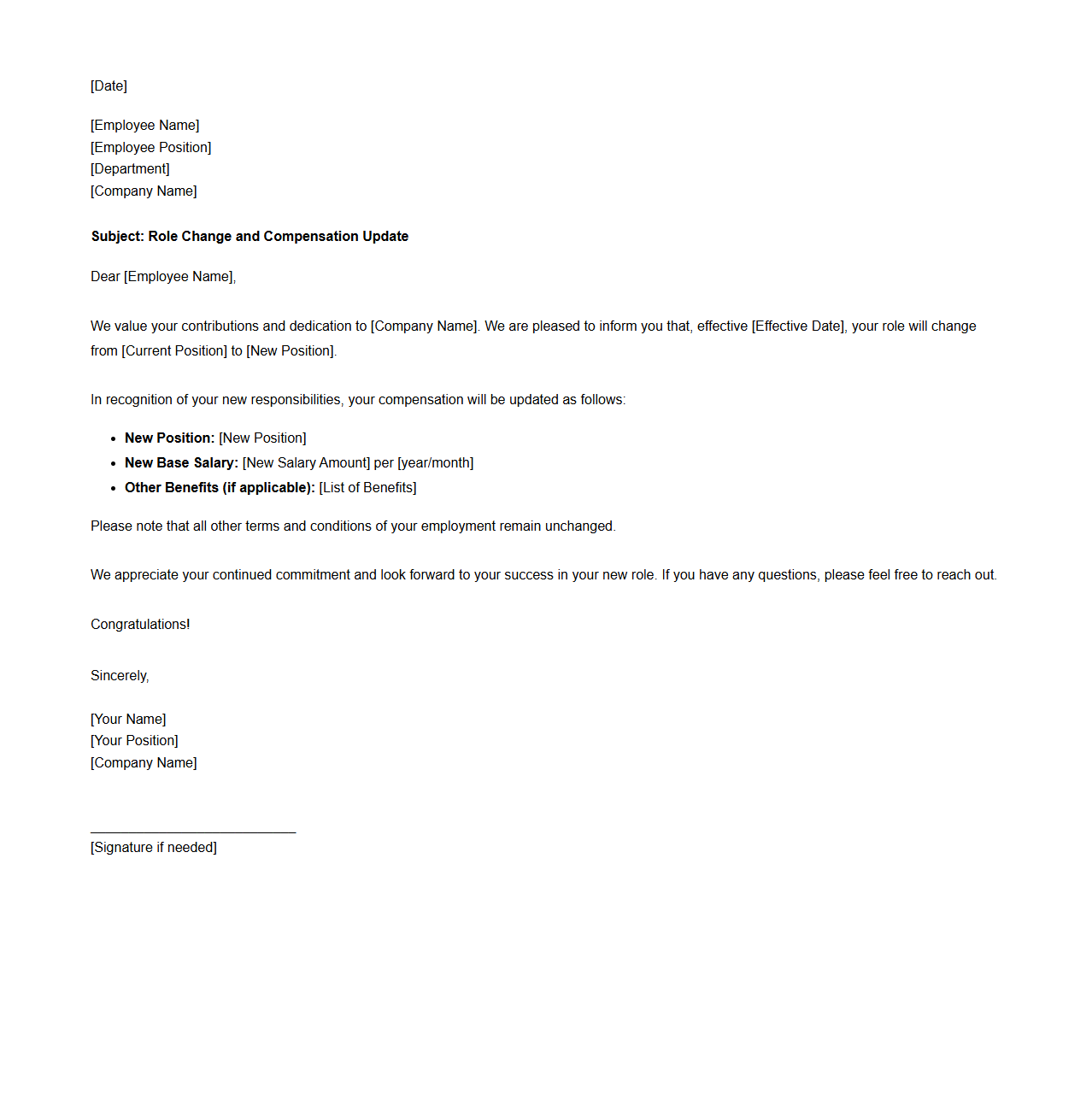 Role Change Compensation Update Sample Letter