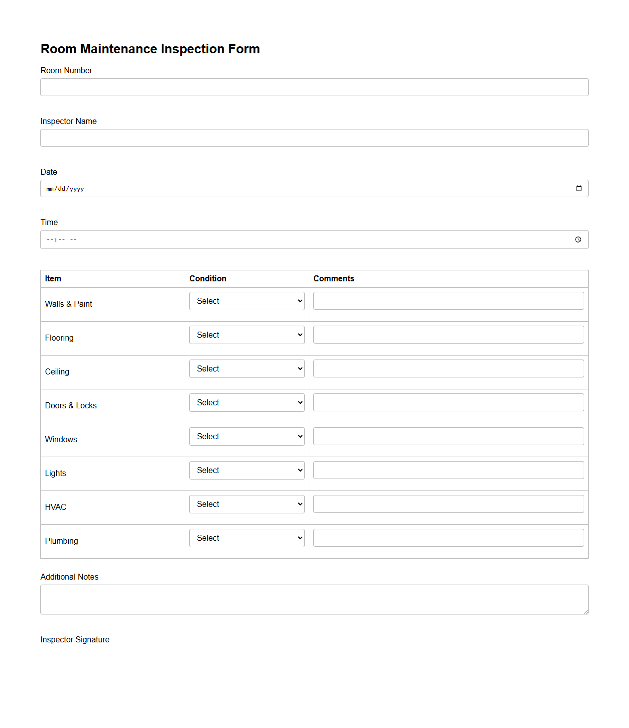 Room Maintenance Inspection Form Sample