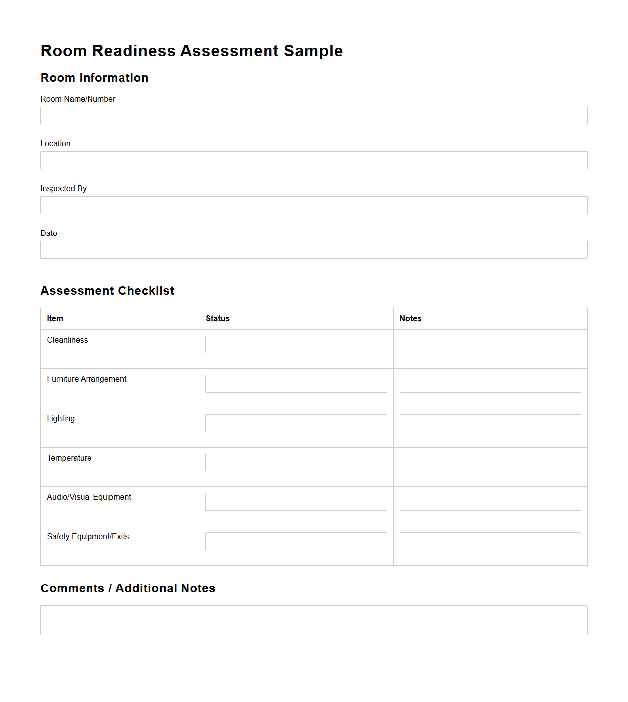 Room Readiness Assessment Sample