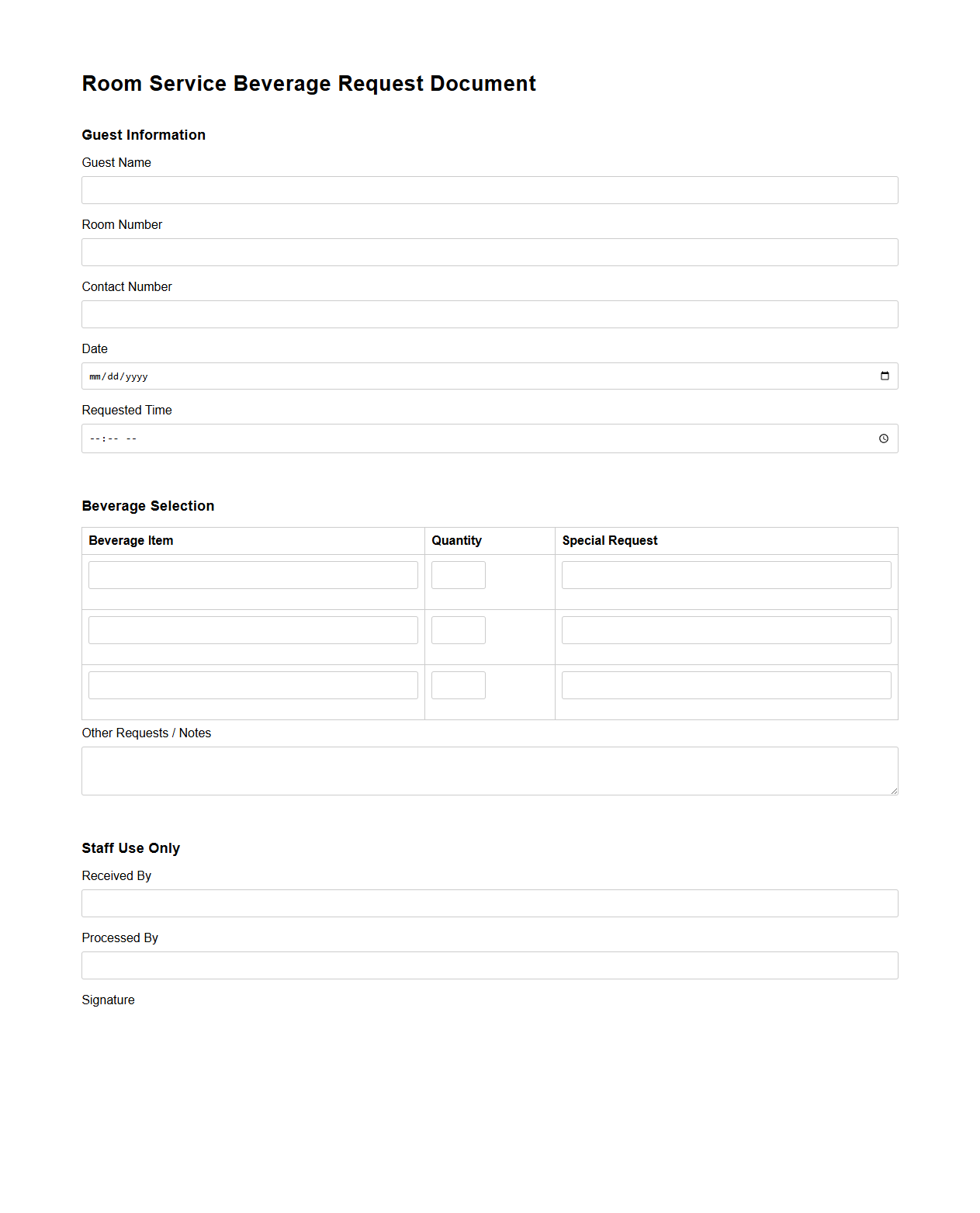 Room Service Beverage Request Document