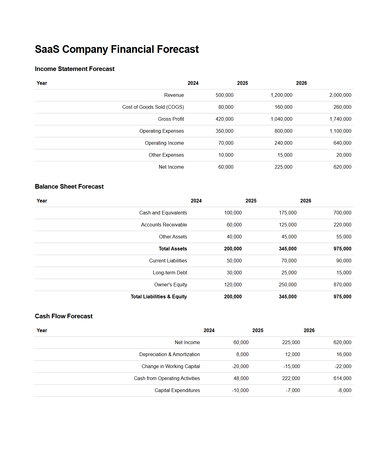 SaaS Company Financial Forecast Statement Sample
