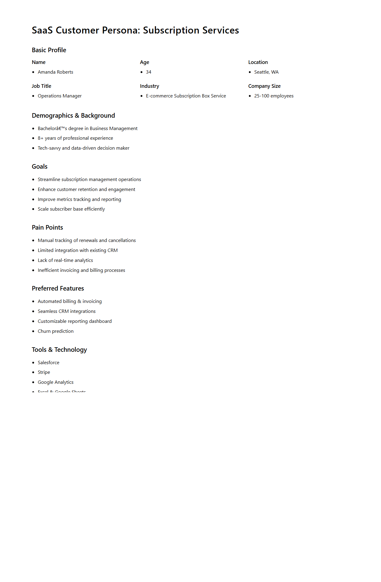 SaaS Customer Persona Document Sample for Subscription Services