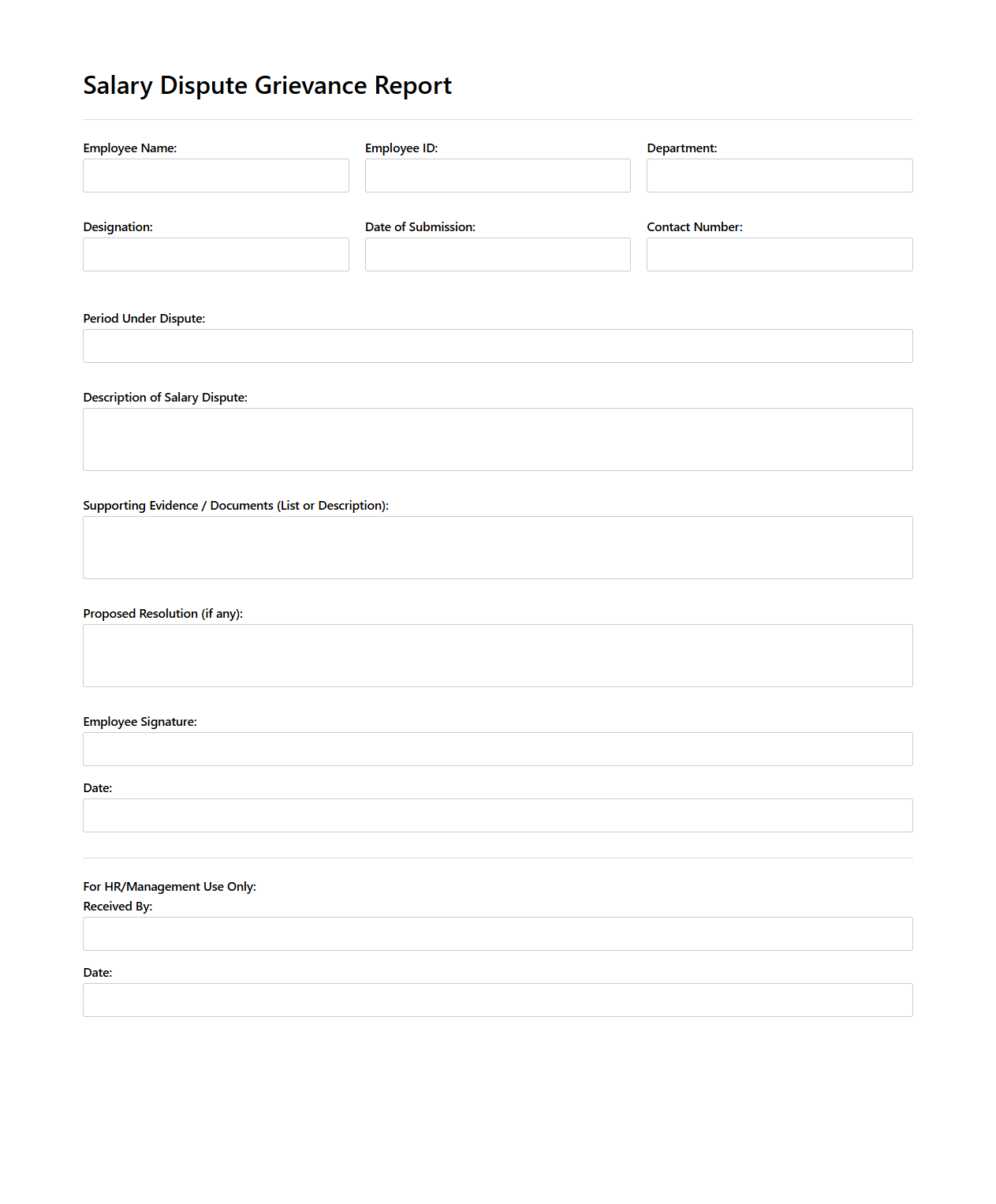 Salary Dispute Grievance Report Document Sample