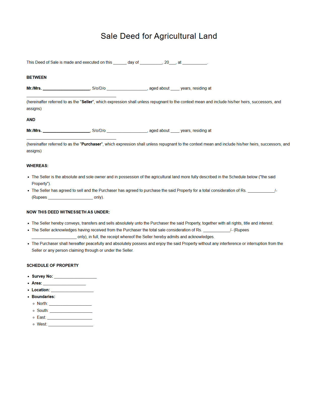 Sale Deed for Agricultural Land Example