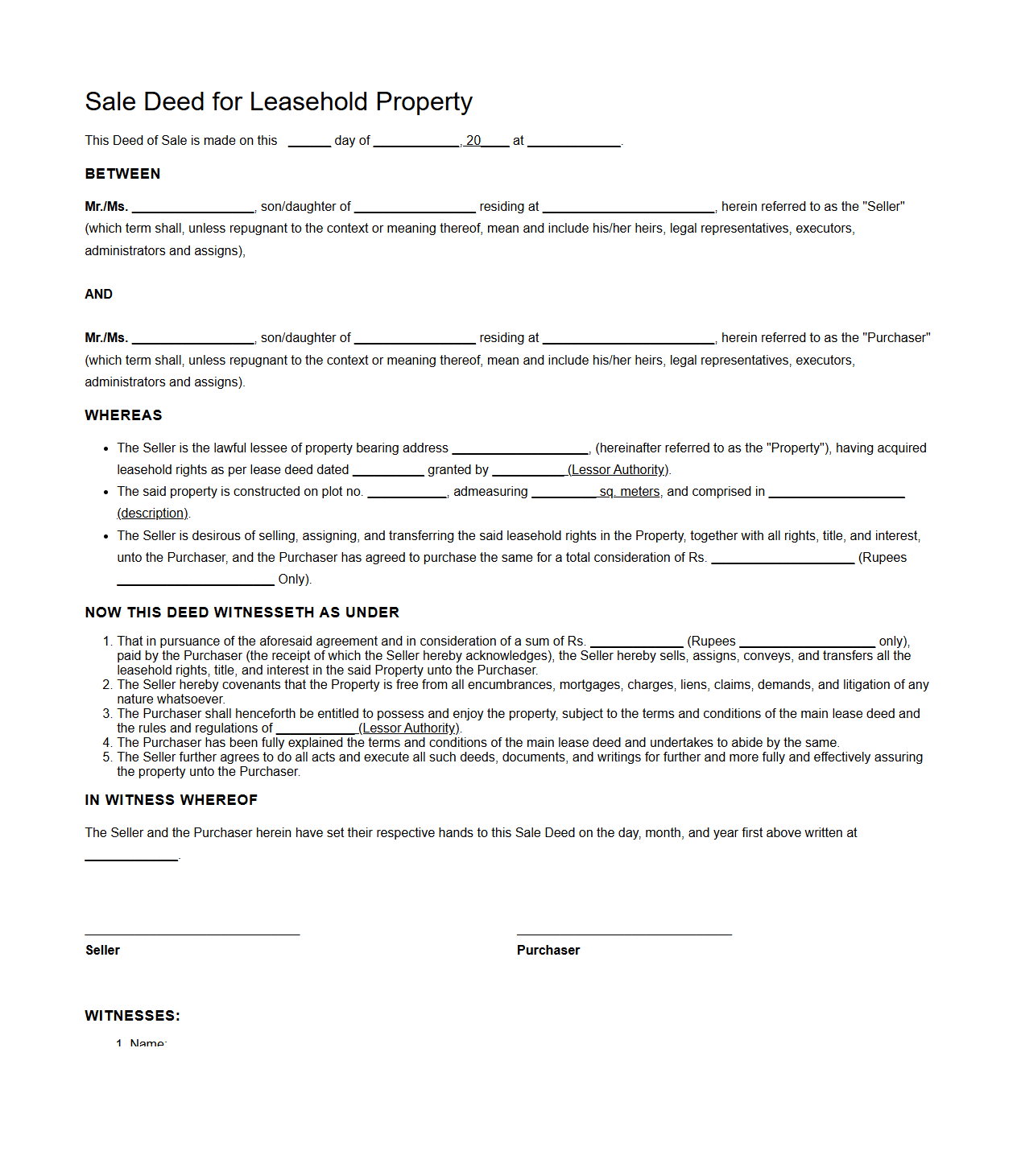 Sale Deed for Leasehold Property Format