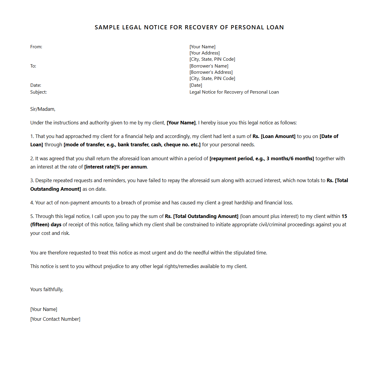 Sample Legal Notice for Recovery of Personal Loan