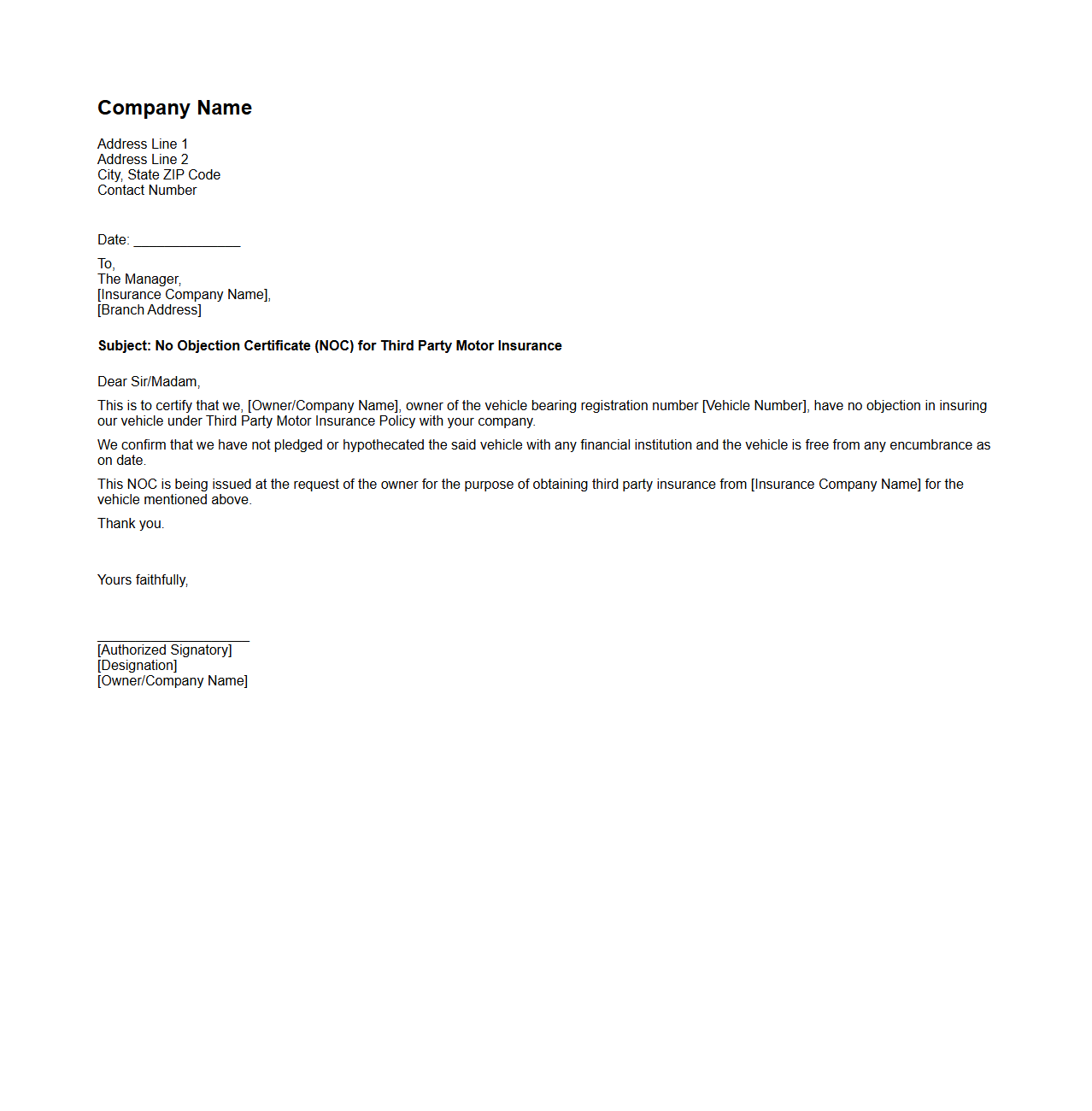 Sample NOC Letter for Third Party Motor Insurance