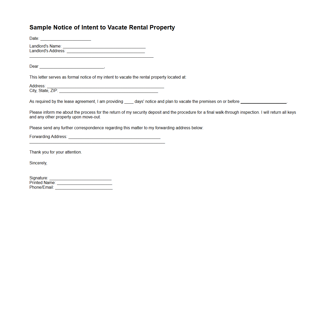 Sample Notice of Intent to Vacate Rental Property