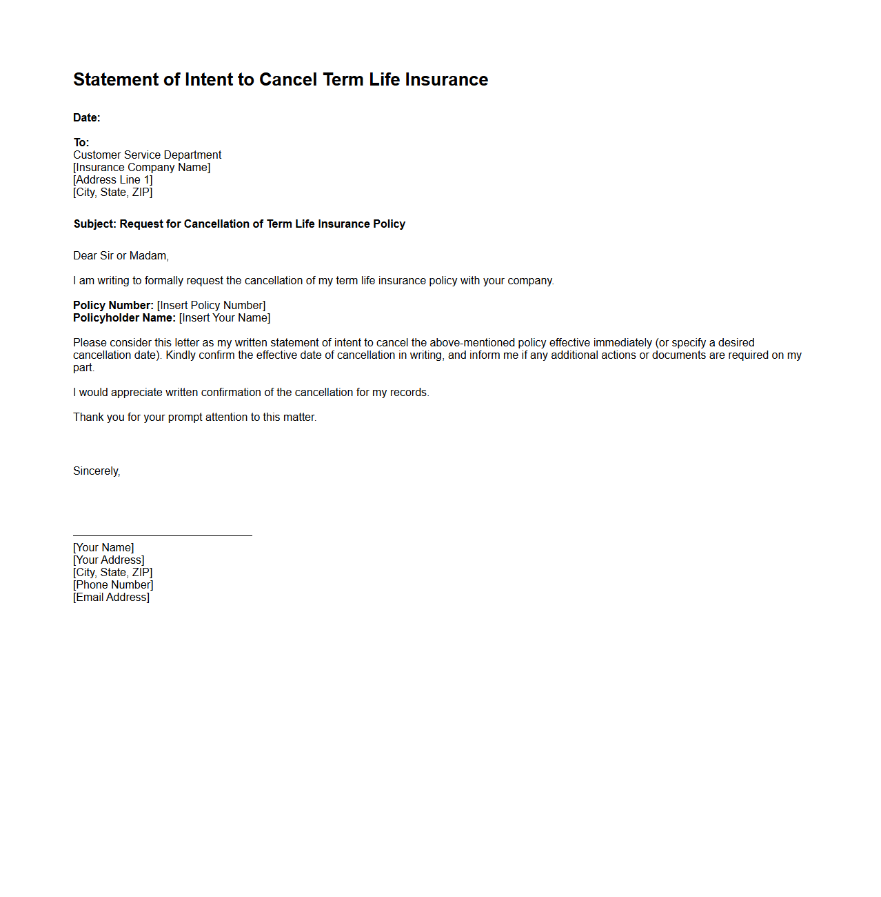 Sample Statement of Intent to Cancel Term Life Insurance