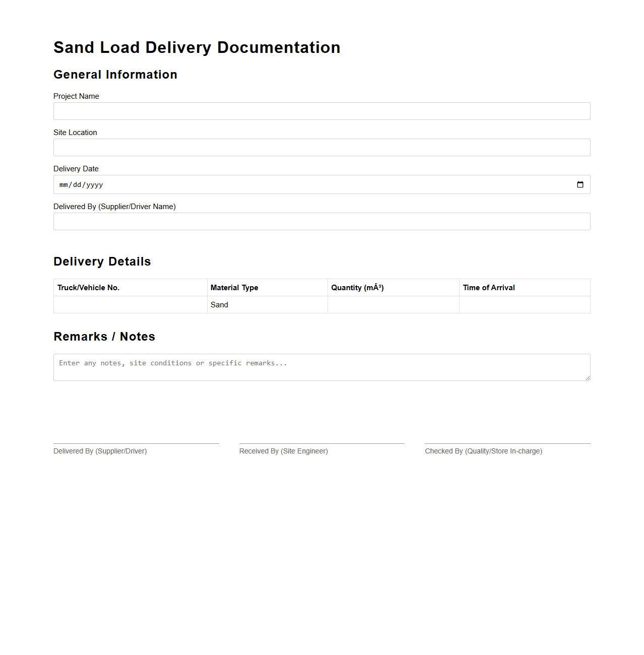 Sand Load Delivery Documentation for Site Engineers